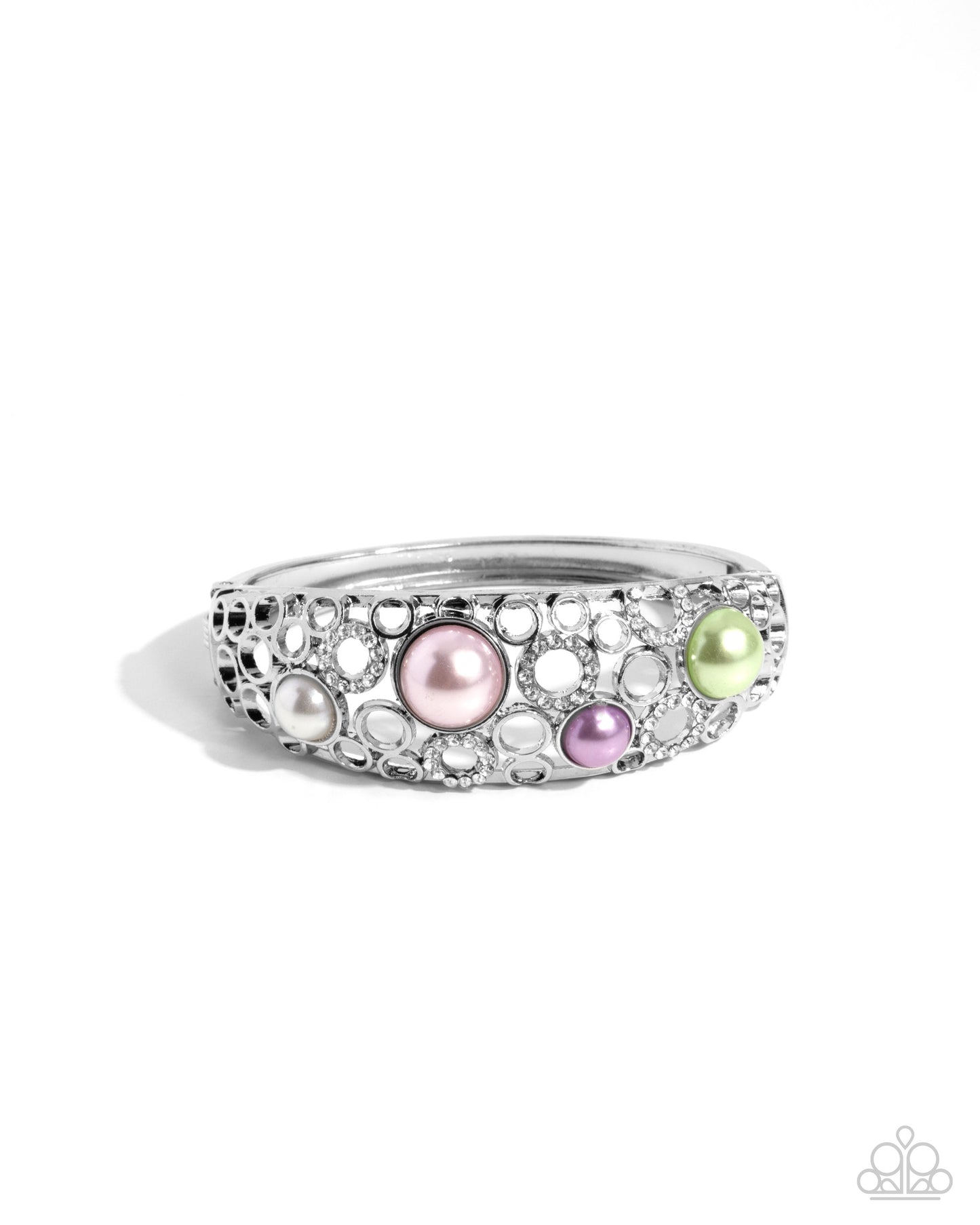 Cultured Confidence - Multi Pearl Iridescent Rhinestone Silver Hinge Bracelet - Paparazzi Accessories