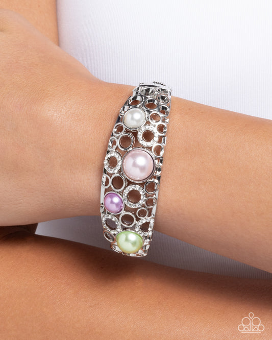 Cultured Confidence - Multi Pearl Iridescent Rhinestone Silver Hinge Bracelet - Paparazzi Accessories