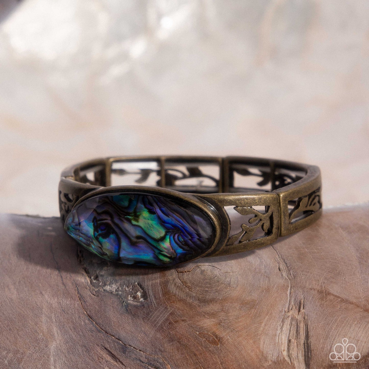 Spliced Santa Fe - Brass & Blue Abalone Shell Stretchy Bracelet - Paparazzi Accessories