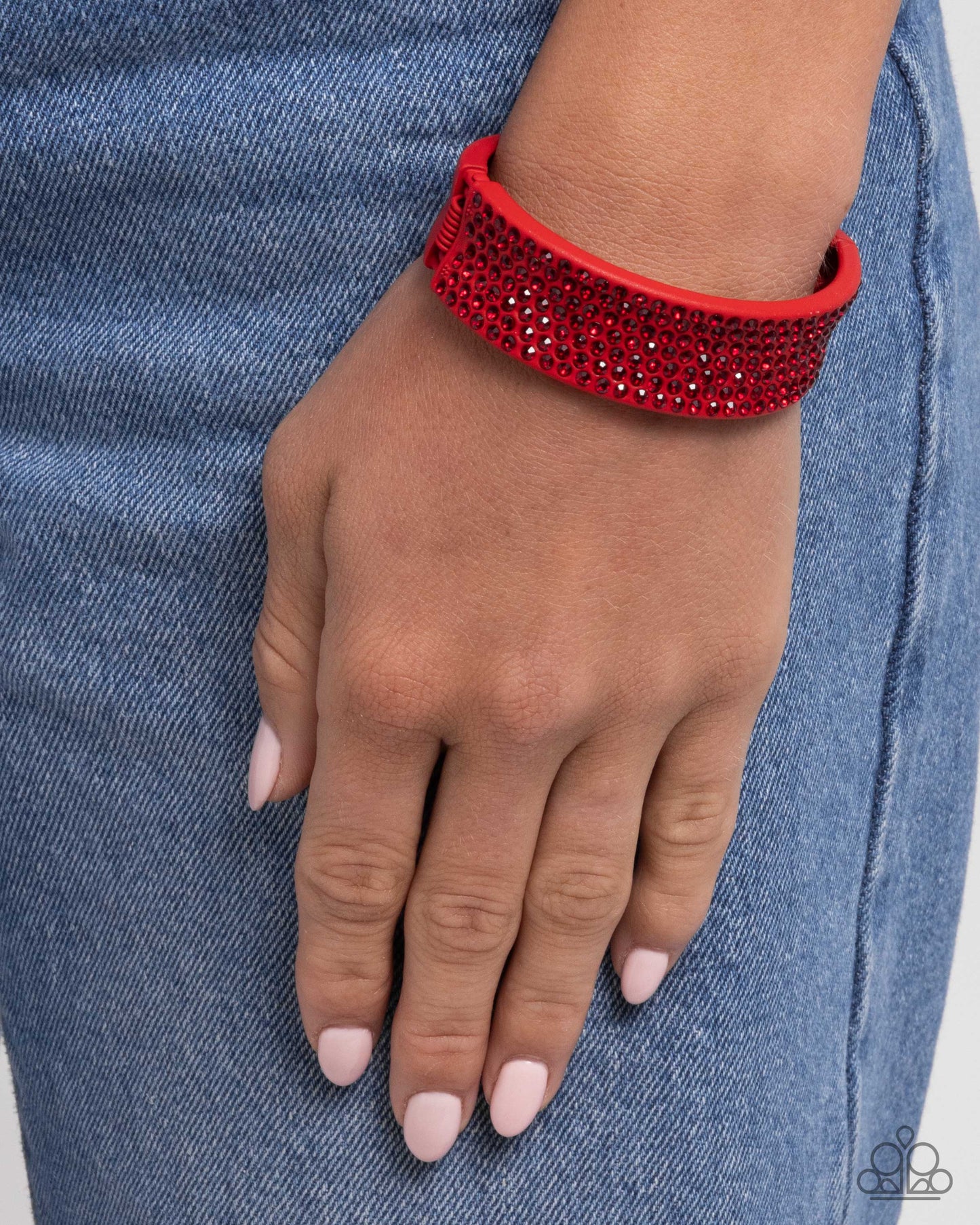 Sprinkling Studs - Red Rhinestone Red Dipped Metal Hinge Bracelet -Paparazzi Accessories