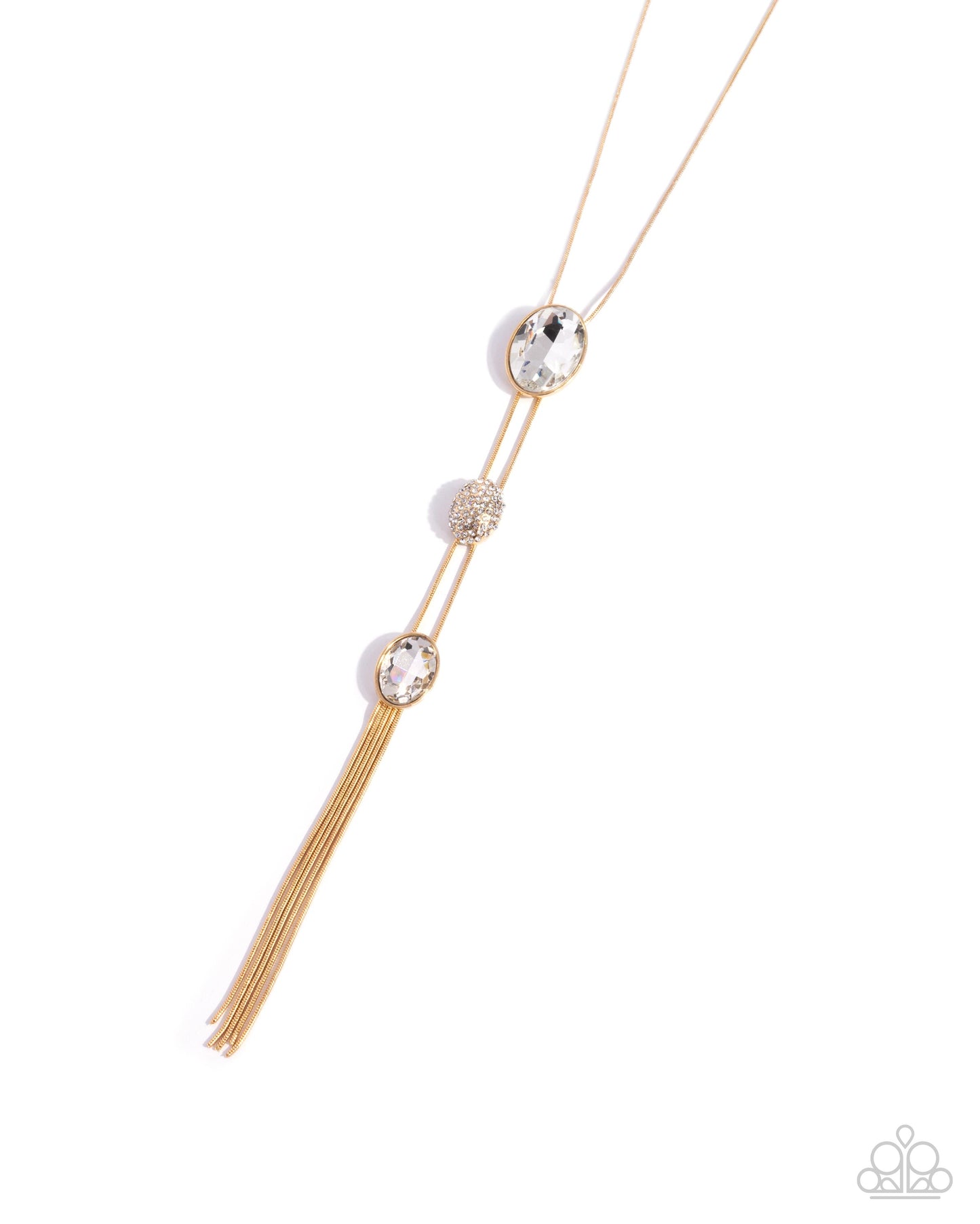 Graduated Glitter - Gold & White Rhinestone Oval Gem Necklace - Paparazzi Accessories