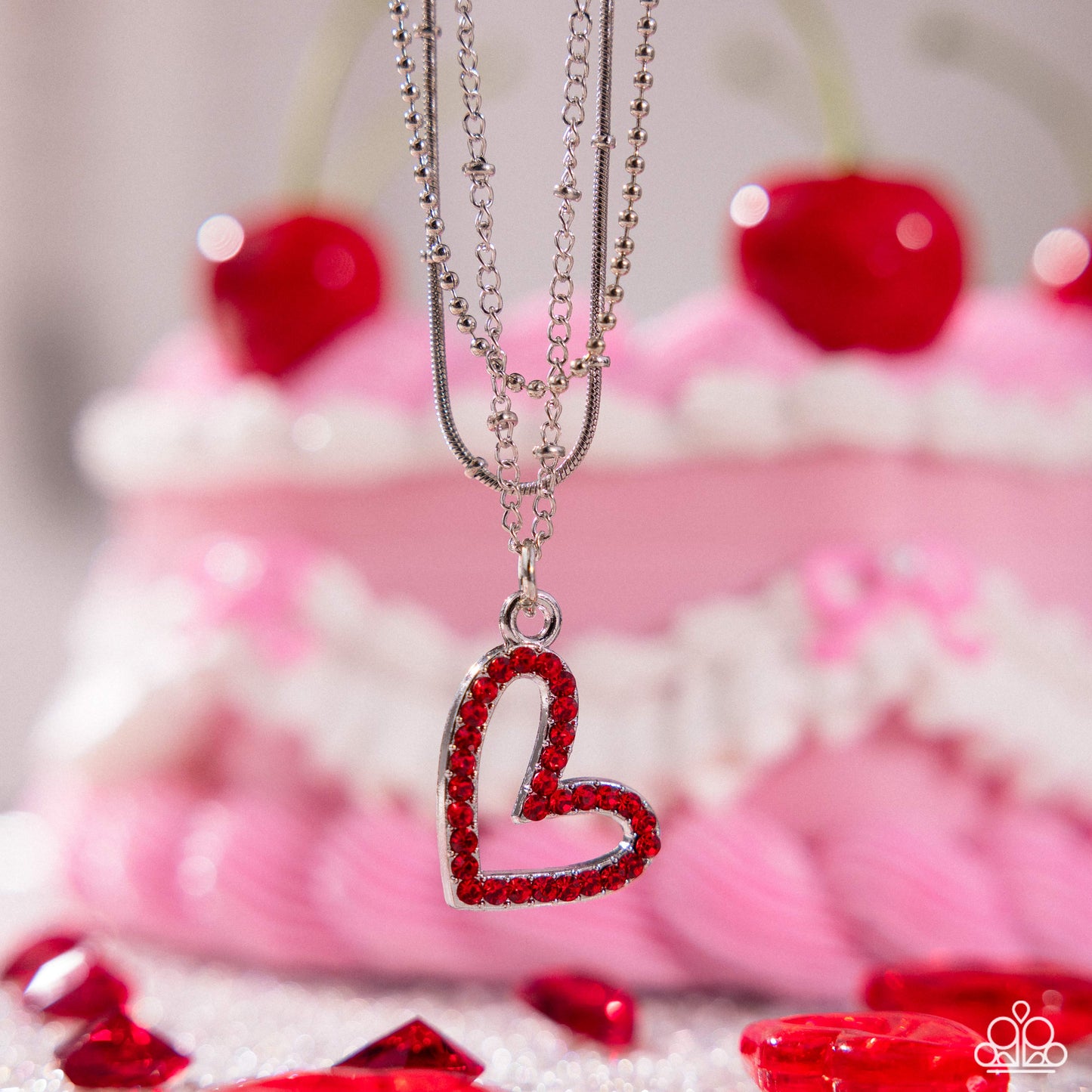 Valentines Day Decadence - Red Rhinestone Heart Silver Necklace - Paparazzi Accessories