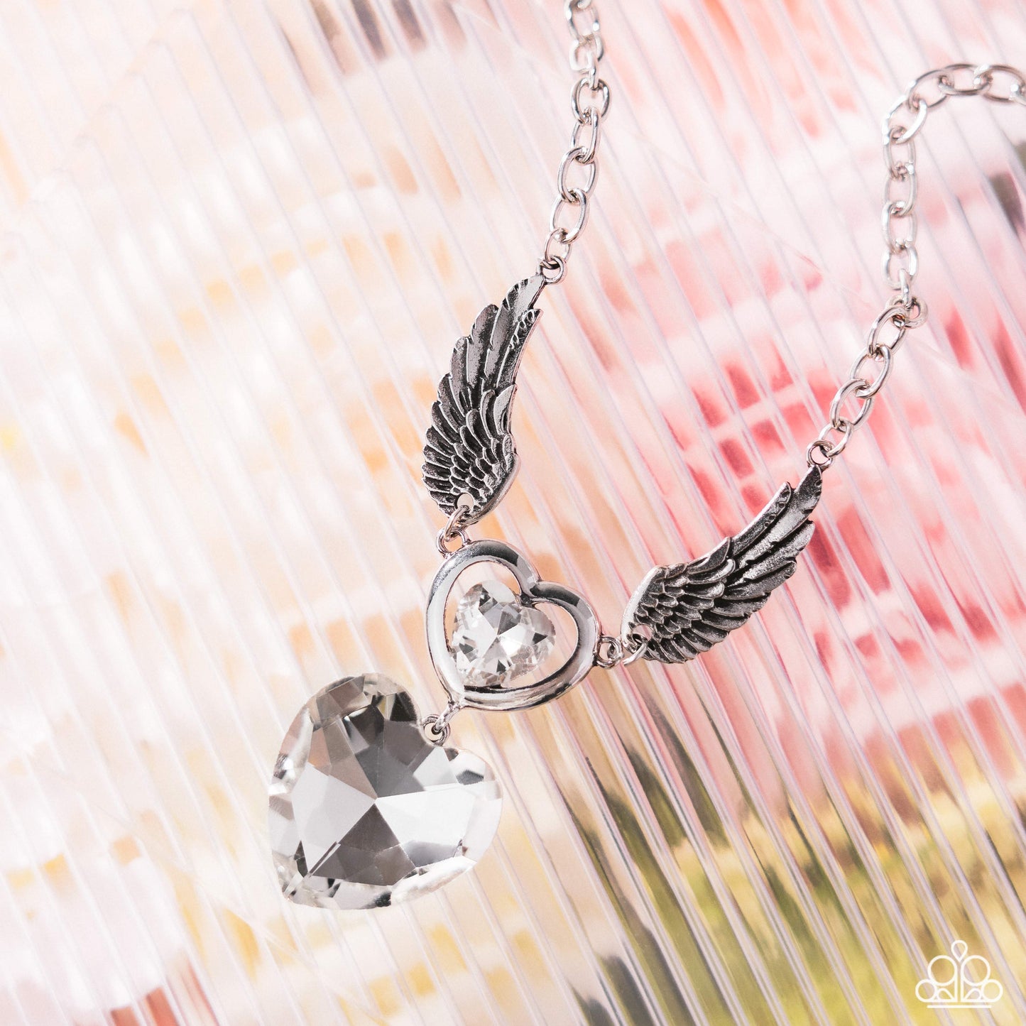 Customer Satisfaction - White Rhinestone Hearts Silver Angel Wings Necklace - Paparazzi Accessories