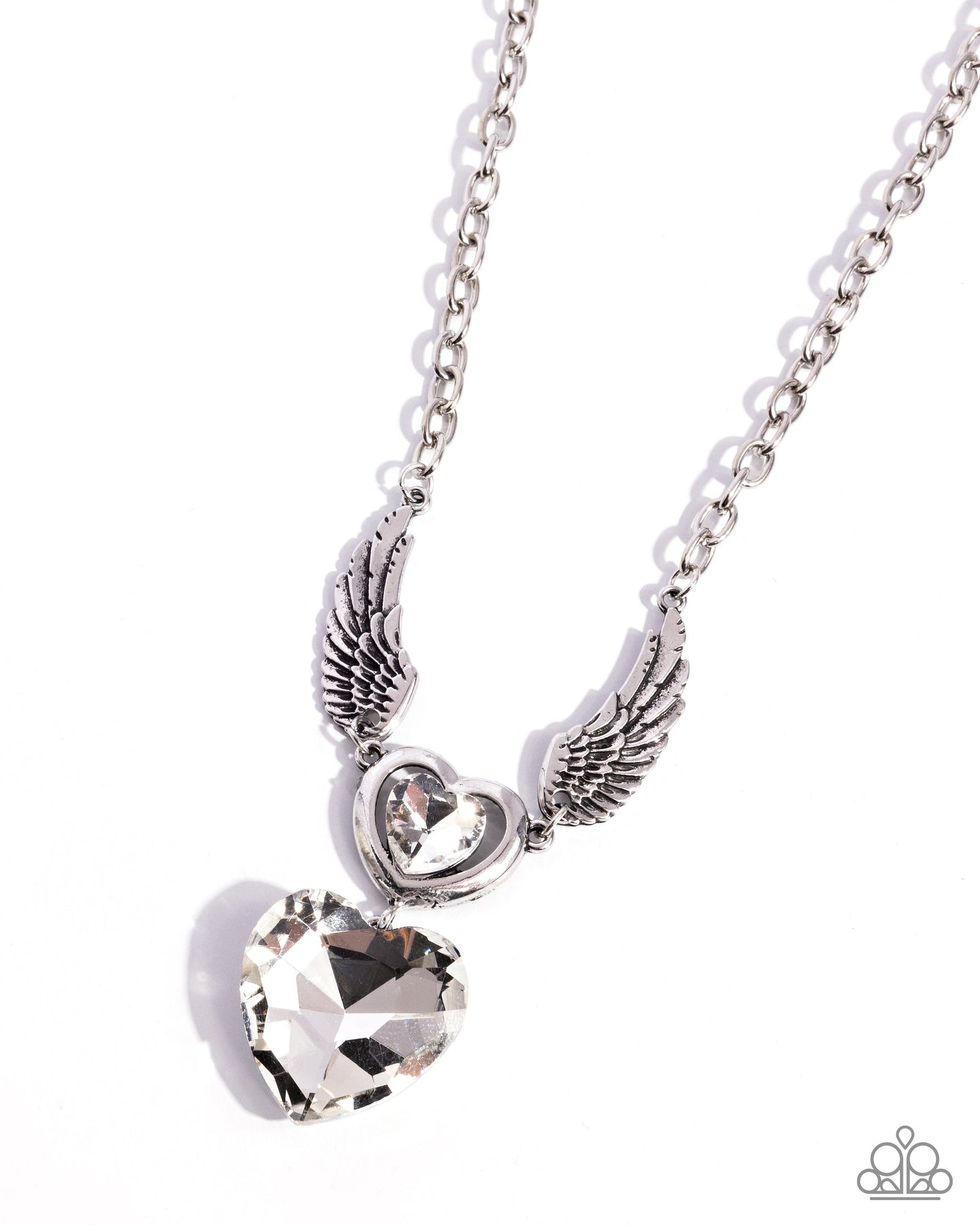 Customer Satisfaction - White Rhinestone Hearts Silver Angel Wings Necklace - Paparazzi Accessories