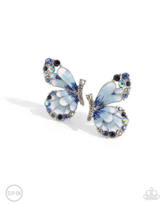 Decadent Descent - Blue Enamel Silver Butterfly Clip-on Earrings - Paparazzi Accessories