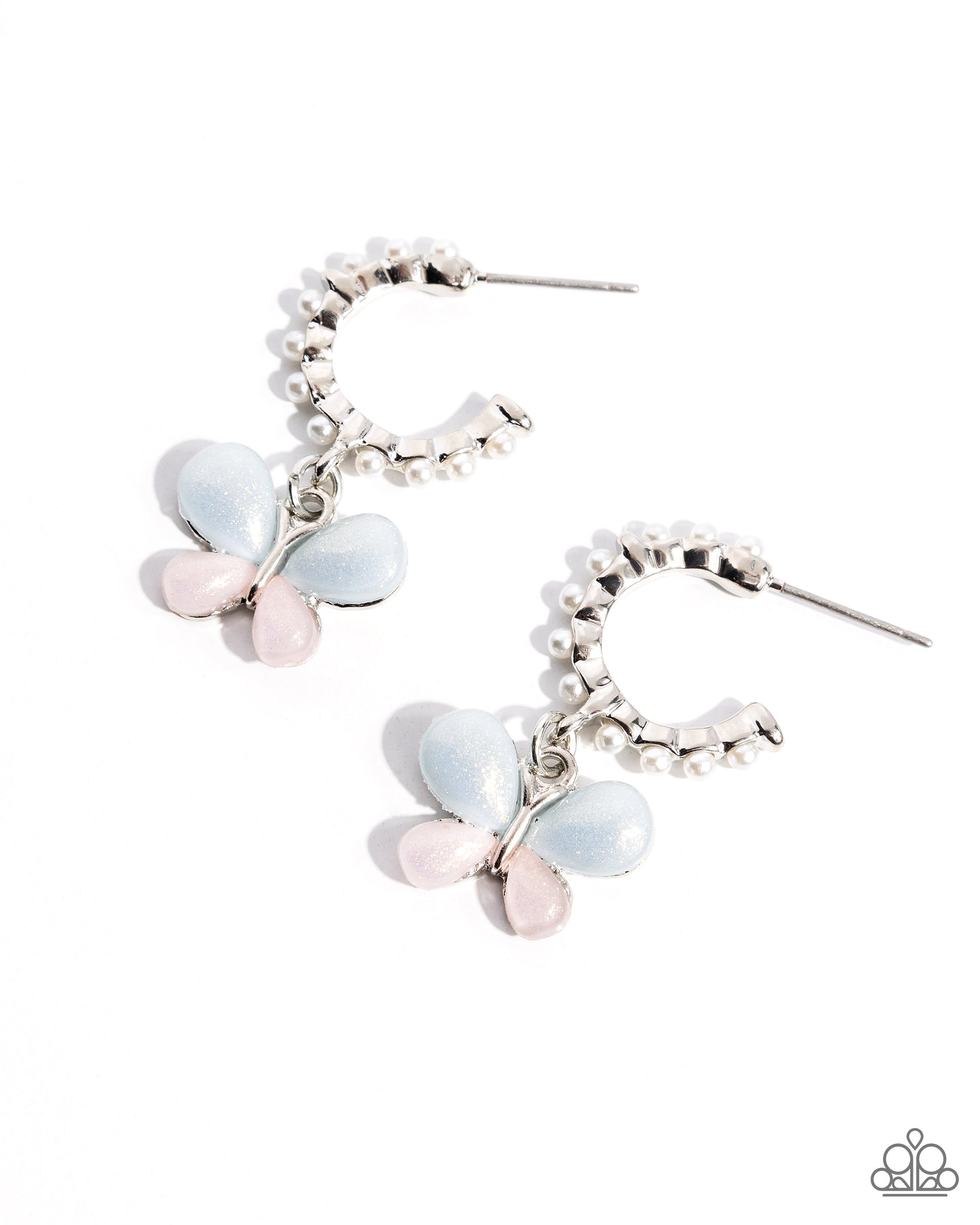 Fly to Your Heart - Multi Butterfly White Pearl Silver Drop Hoop Earrings - Paparazzi Accessories