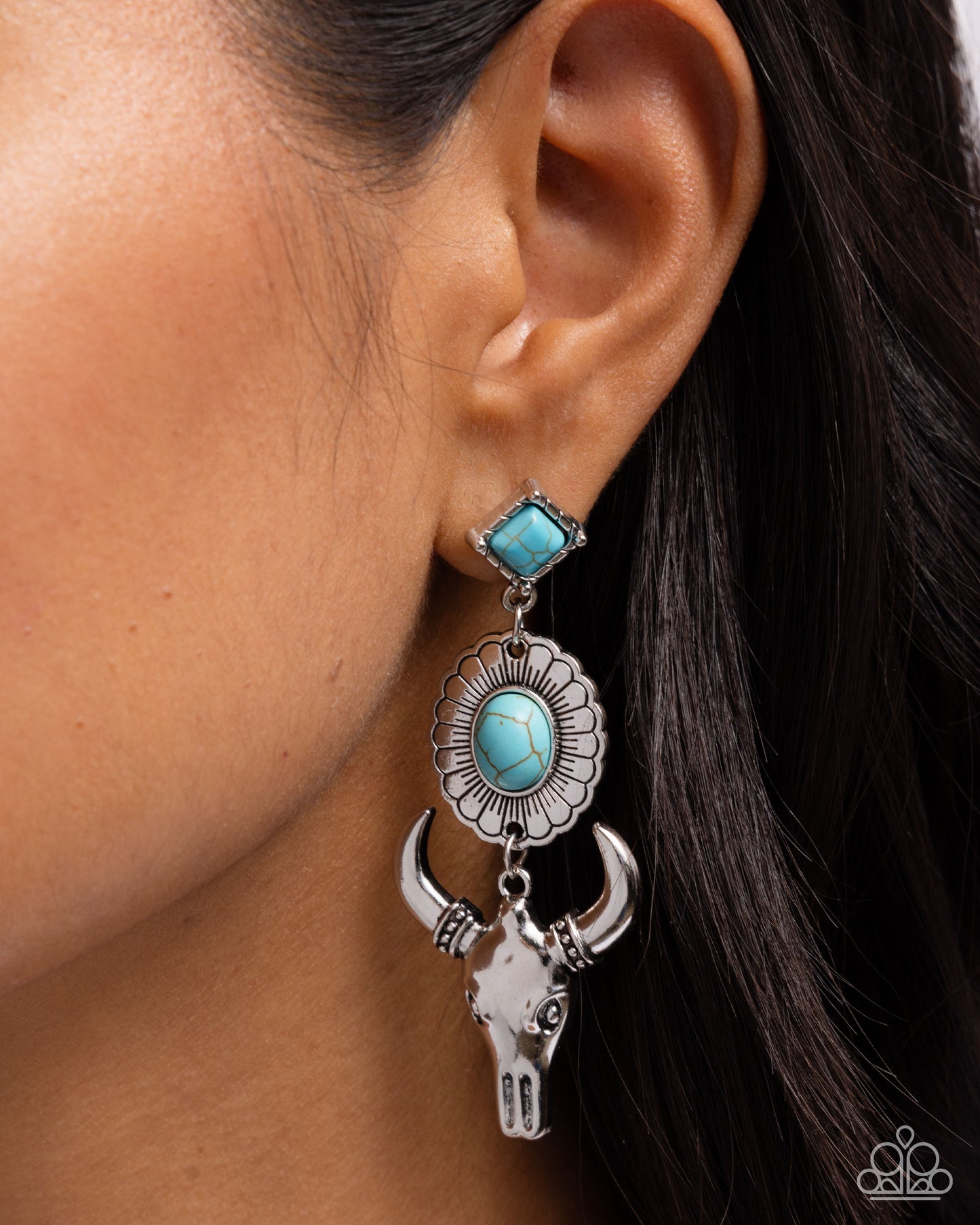 Western Week - Blue Crackle Stone Silver Longhorn Skull Post Earrings - Paparazzi Accessories