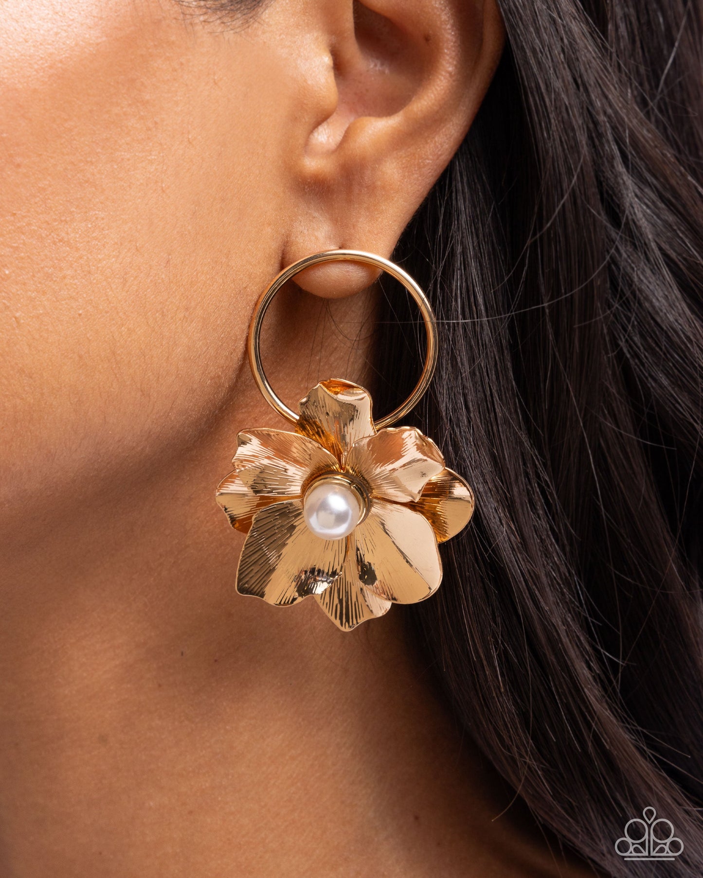 Backyard Bling - Gold Flower White Pearl Post Earrings - Paparazzi Accessories