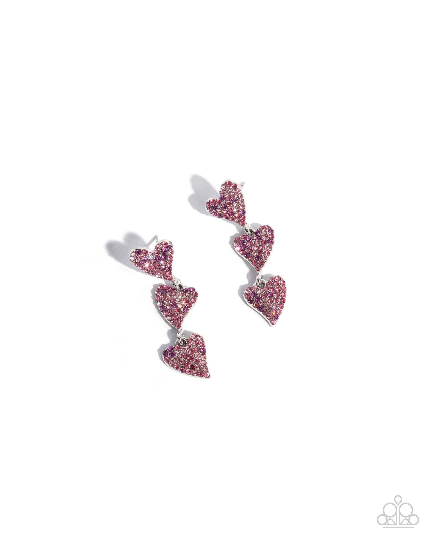 One Of The Girls - Pink Rhinestone Silver Hearts Post Earrings - Paparazzi Accessories
