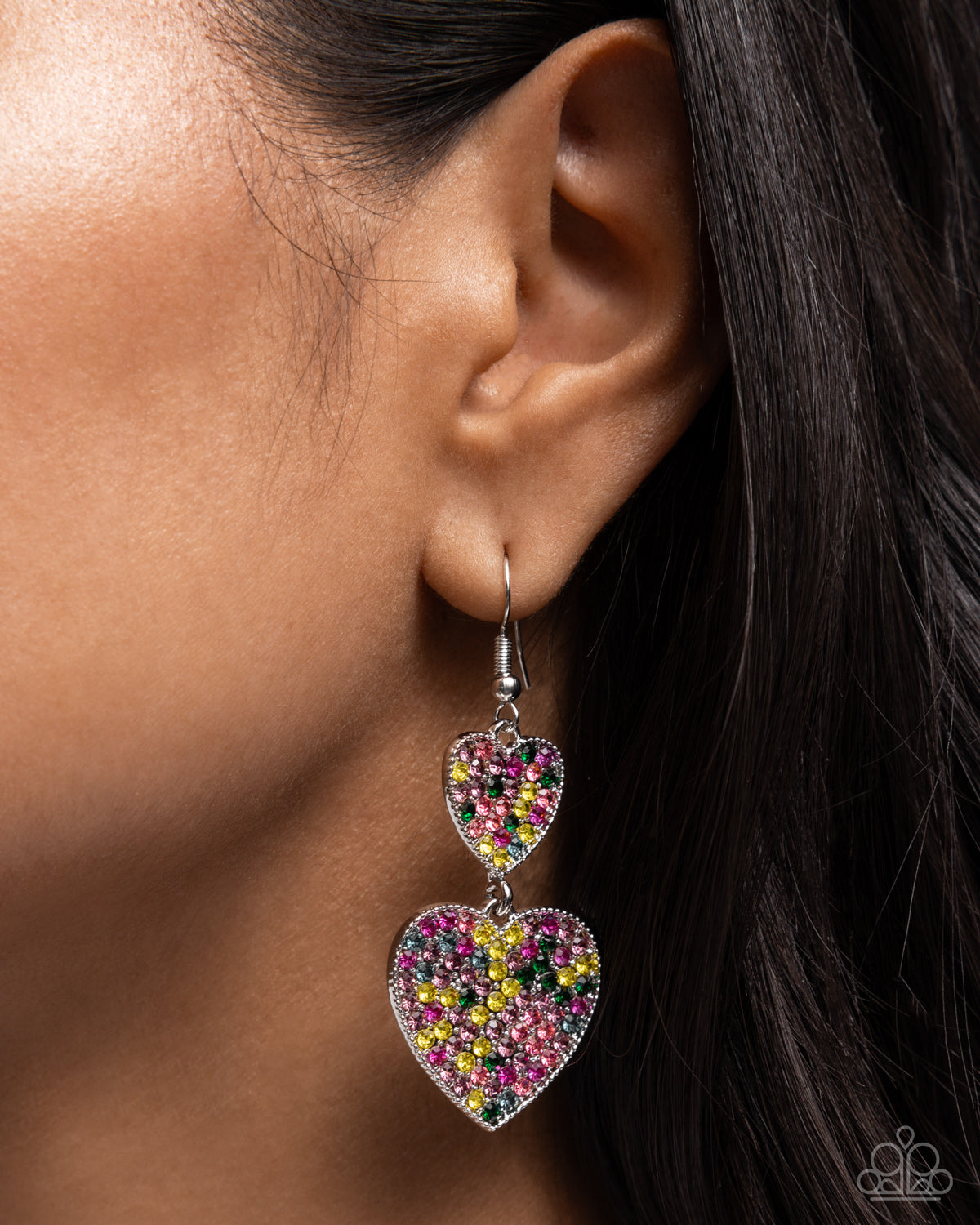 You Make My Heart Glow - Multi Rhinestone, Silver Heart Earrings - Paparazzi Accessories