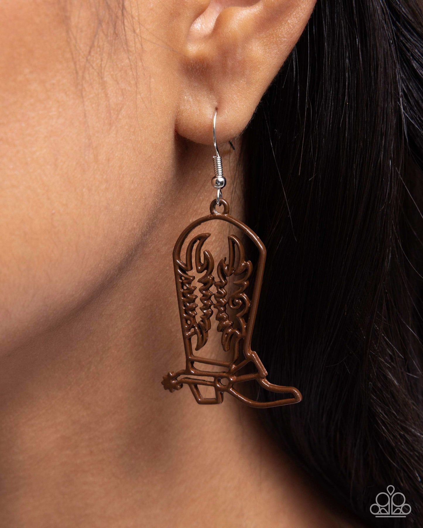 Given the Boot - Brown Dipped Metal Cowboy Boot Silver Fishhook Earrings - Paparazzi Accessories