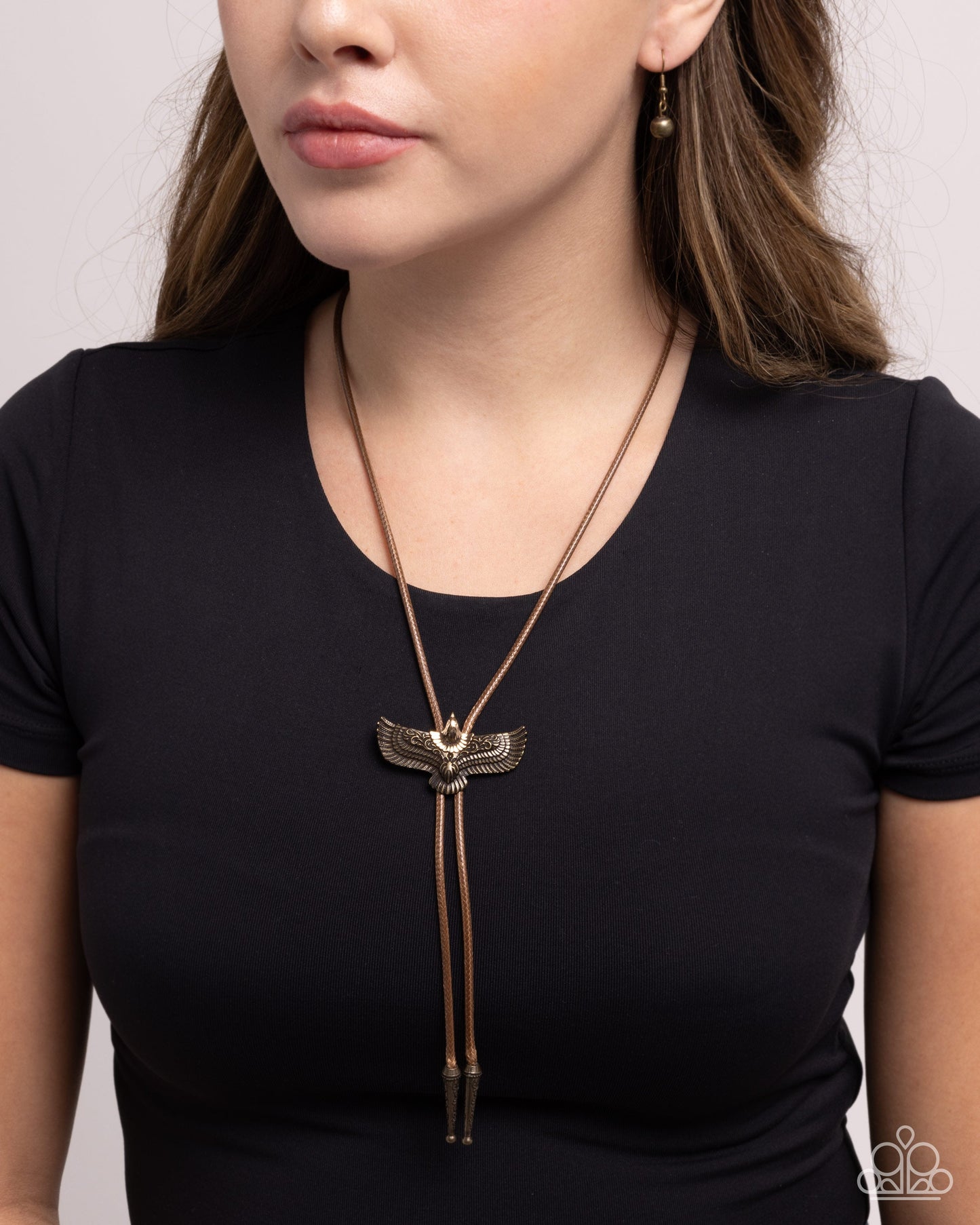 Eagle Emblem - Brown Cord Brass Eagle Bolo Necklace - Paparazzi Accessories