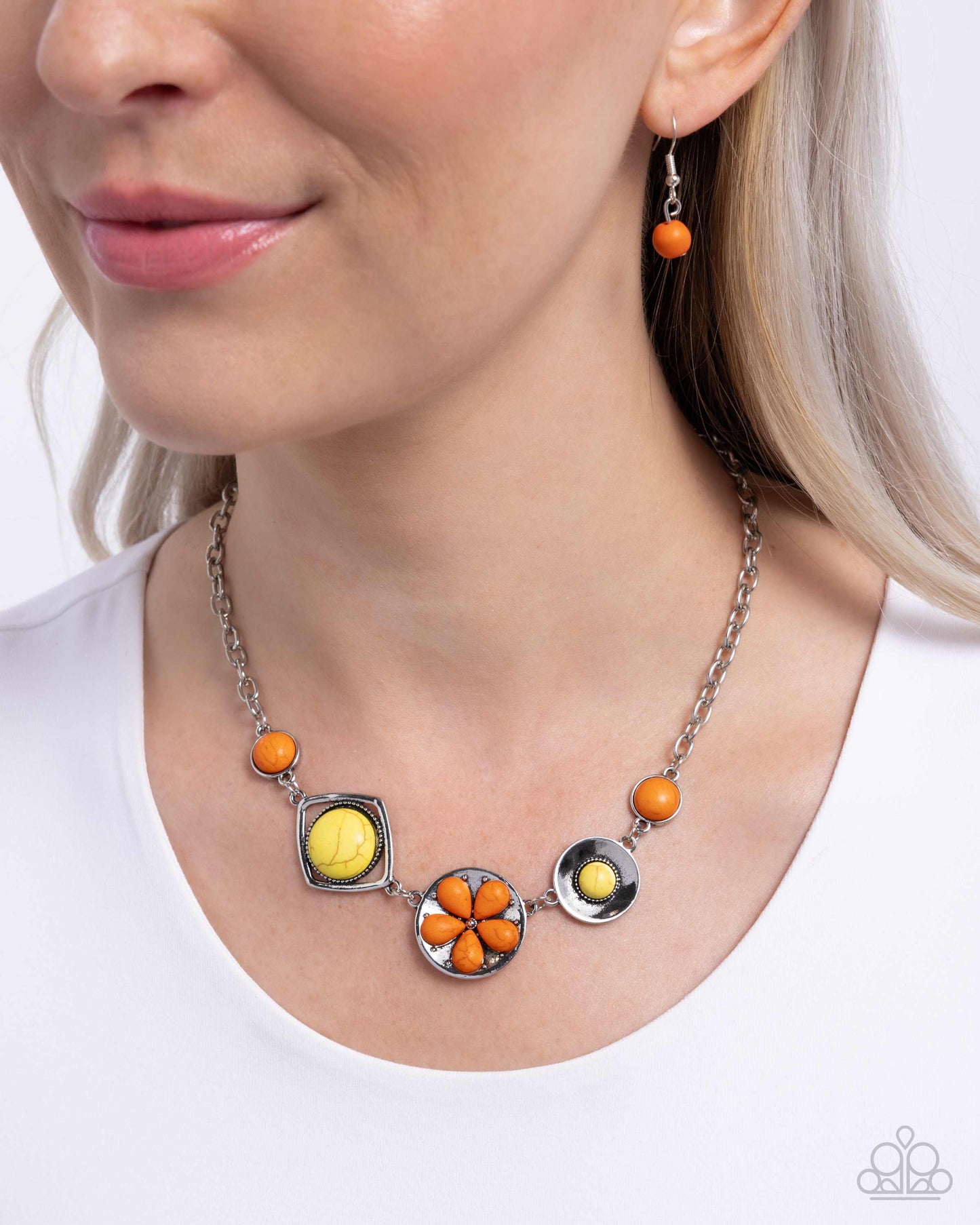 Stony Someday - Orange & Yellow Crackle Stone Silver Necklace - Paparazzi Accessories