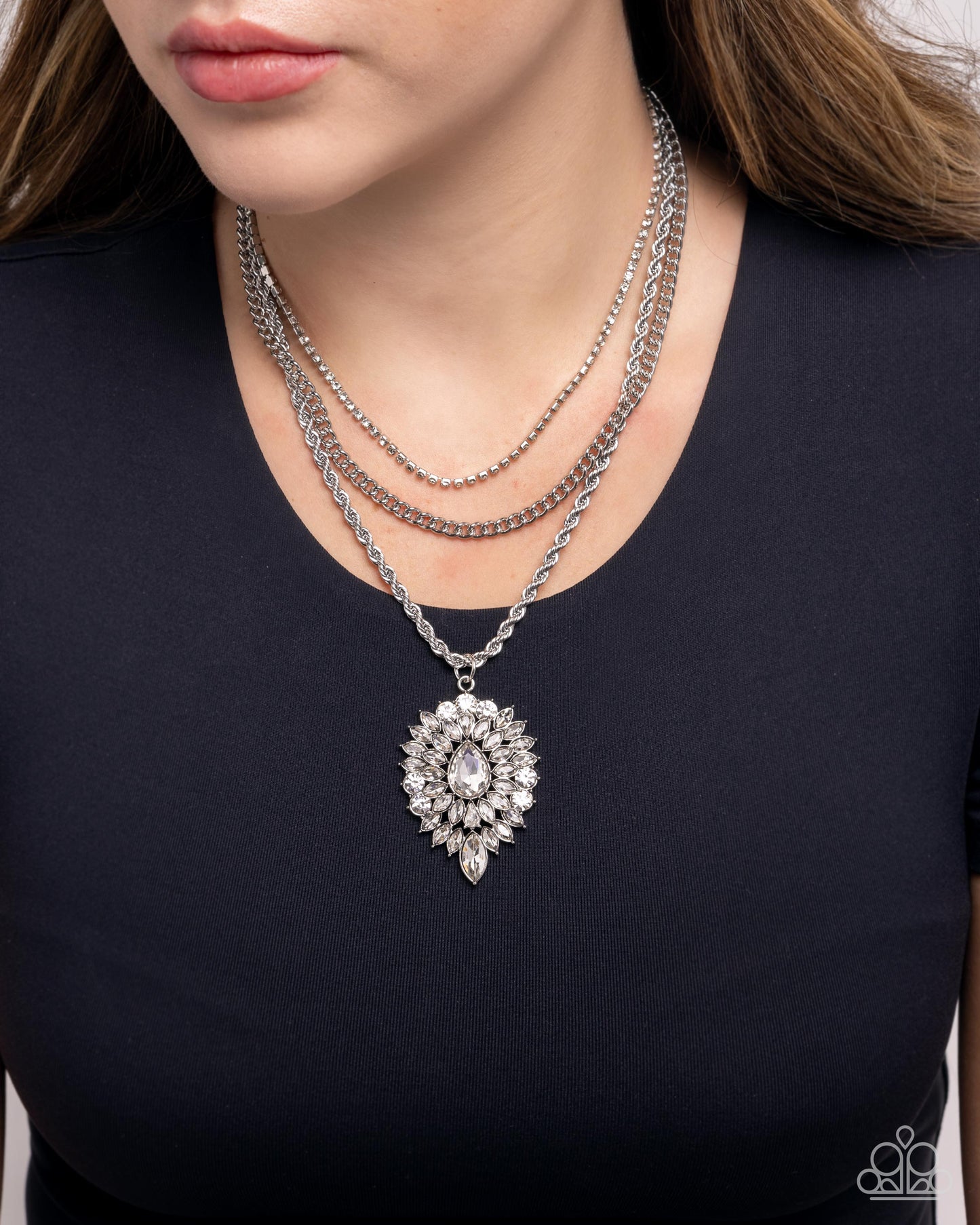 Adorably Administrative - White Rhinestone Layered Silver Necklace - Paparazzi Accessories
