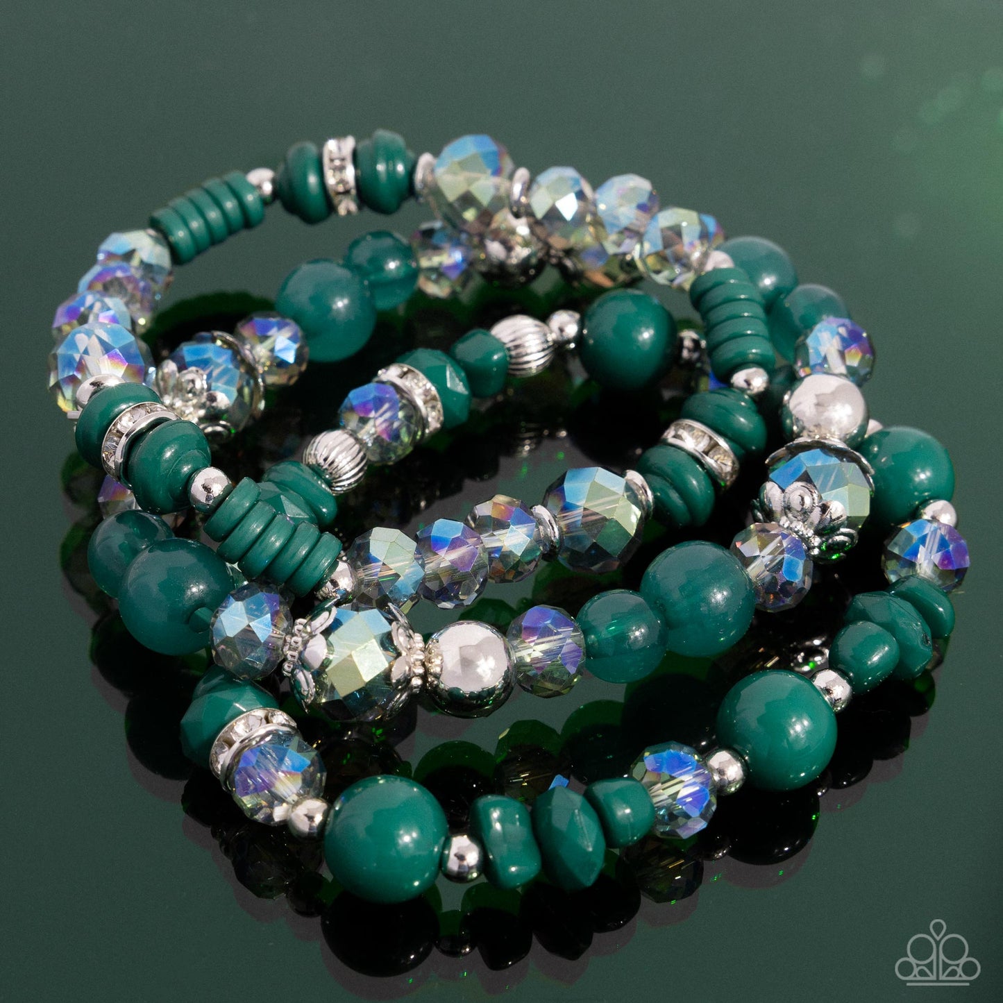 Complimentary Chic - Green & Iridescent Faceted Beads Stretchy Bracelets - Paparazzi Accessories