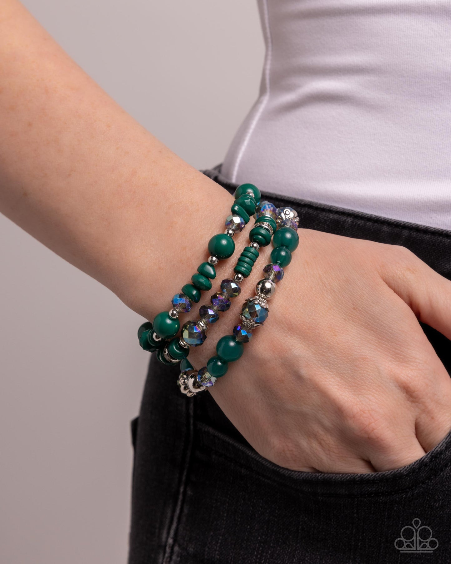 Complimentary Chic - Green & Iridescent Faceted Beads Stretchy Bracelets - Paparazzi Accessories
