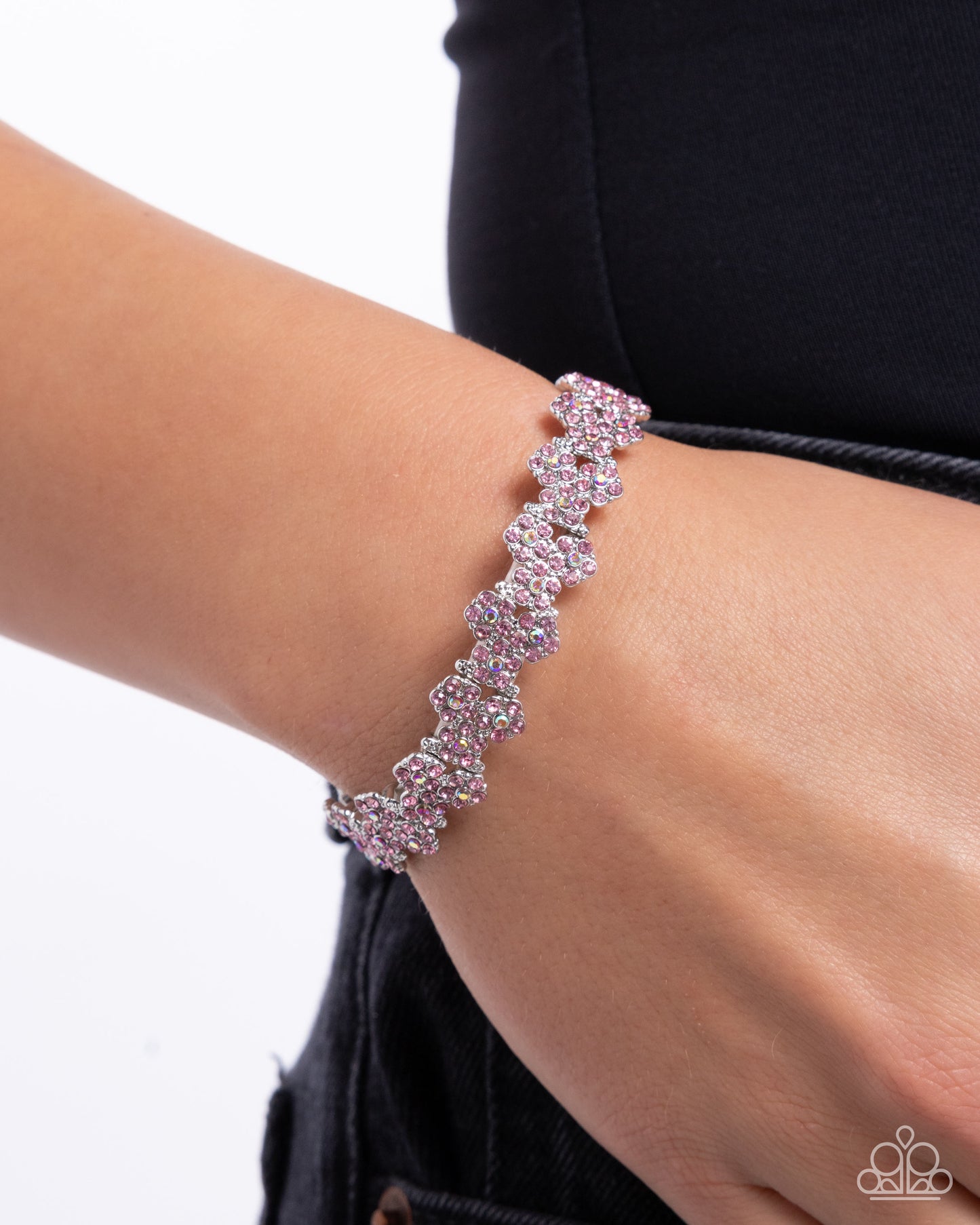 FLOWER Hungry - Pink Iridescent Rhinestone Silver Stretchy Bracelet - Paparazzi Accessories