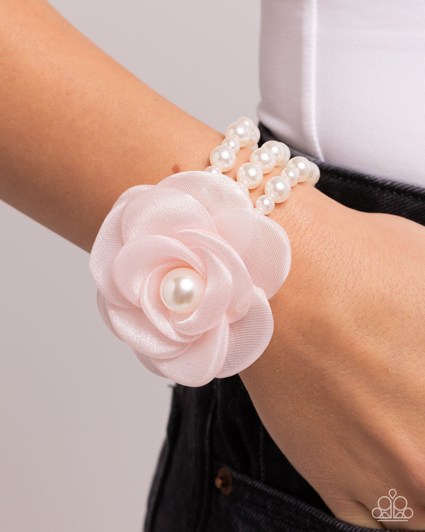 Feminine Mystique - Pink Chiffon Flower Pearl Stretchy Bracelet - Paparazzi Accessories