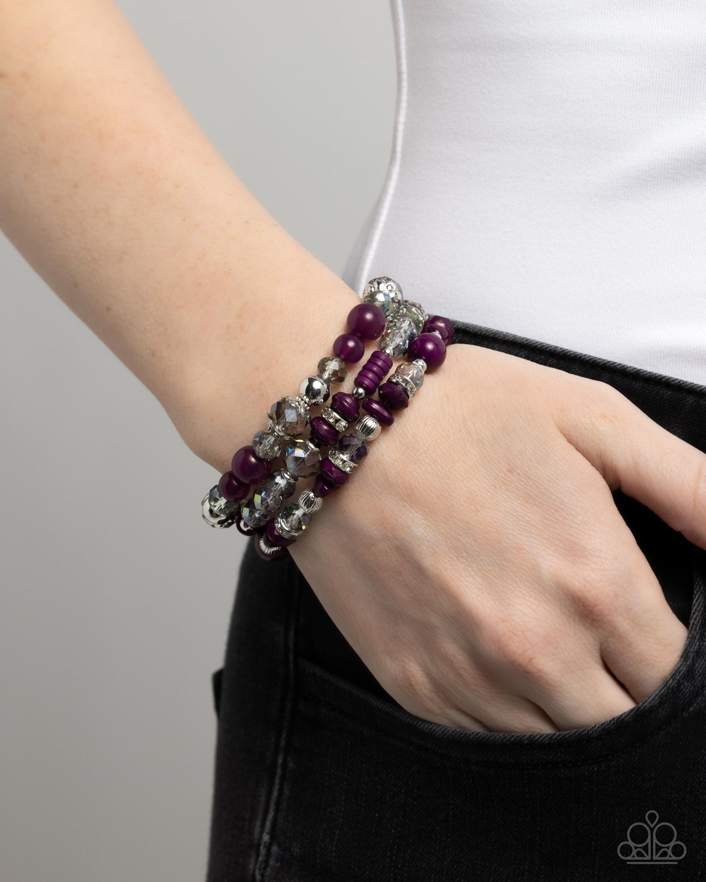 Complimentary Chic - Purple & Iridescent Faceted Beaded Stretchy Bracelets - Paparazzi Accessories