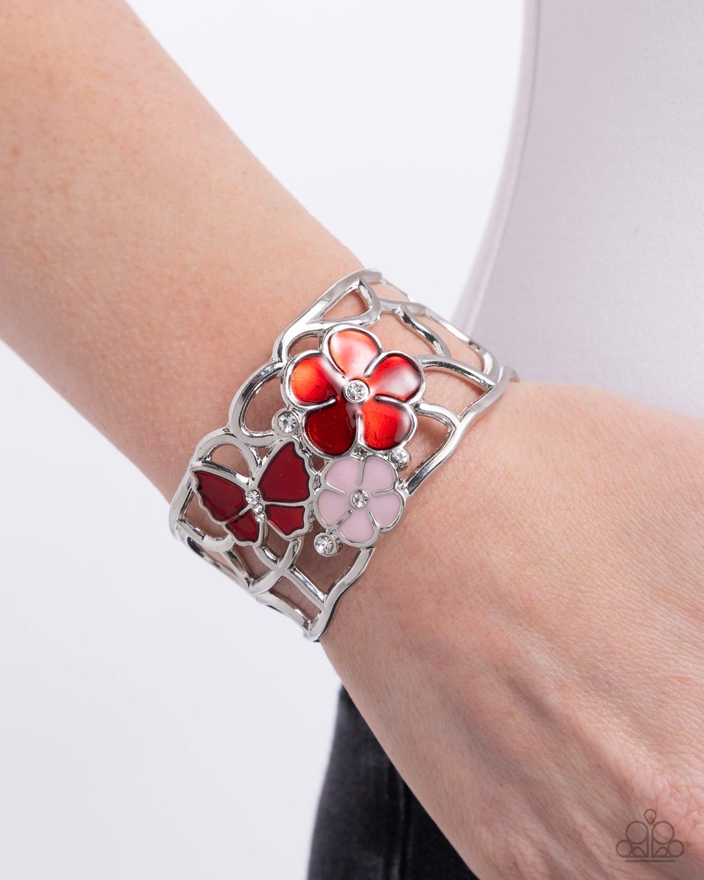 Whimsical Watercolor - Red & Pink Enamel Silver Cuff Bracelet - Paparazzi Accessories