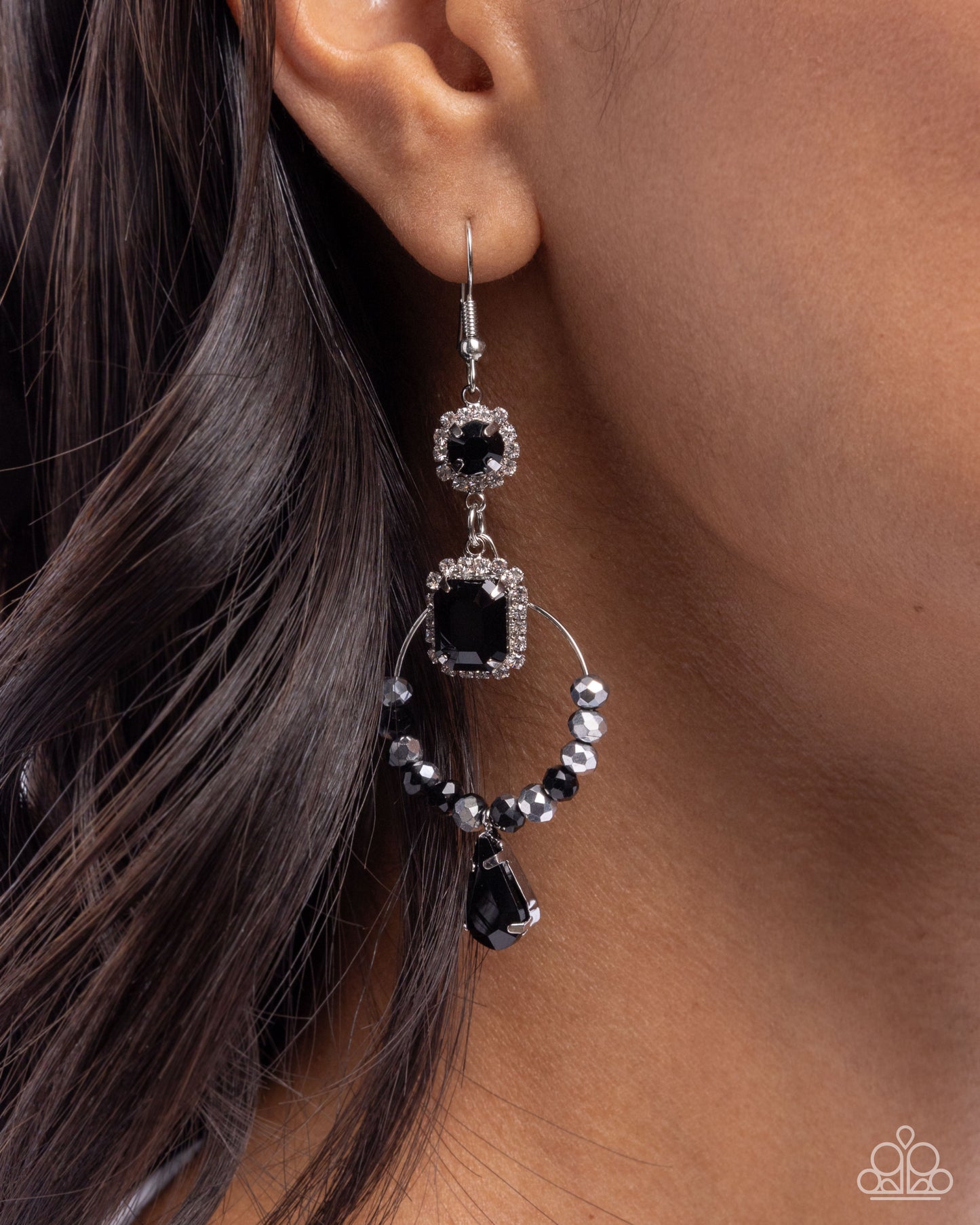 Point Me in the BRIGHT Direction - Black Onyx Rhinestone Silver Fishhook Earrings - Paparazzi Accessories