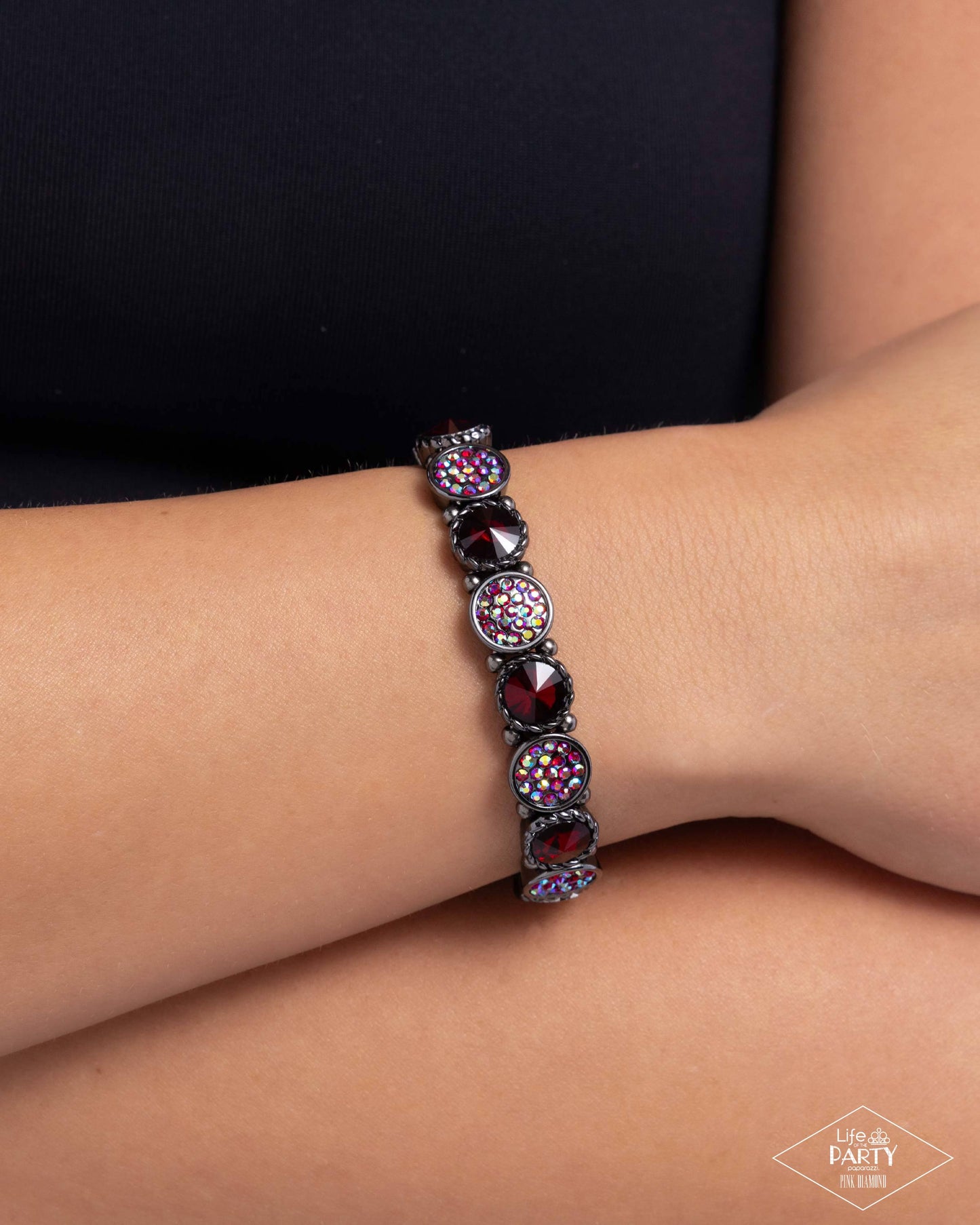 Take A Moment To Reflect - Red Iridescent Rhinestone Gunmetal Stretchy Bracelet - Pink Diamond Exclusive - Paparazzi Accessories