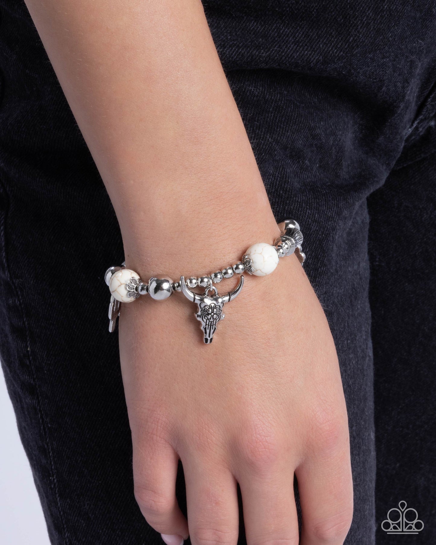 Western Welcome - White Crackle Silver Stretchy Bracelet - Paparazzi Accessories