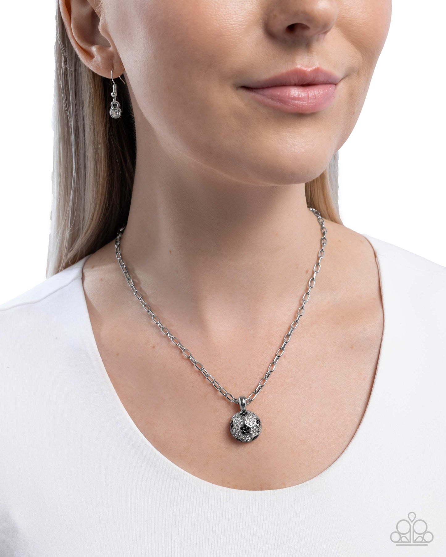 Soccer Pitch - Black & White Rhinestone Pendant Silver Necklace - Paparazzi Accessories