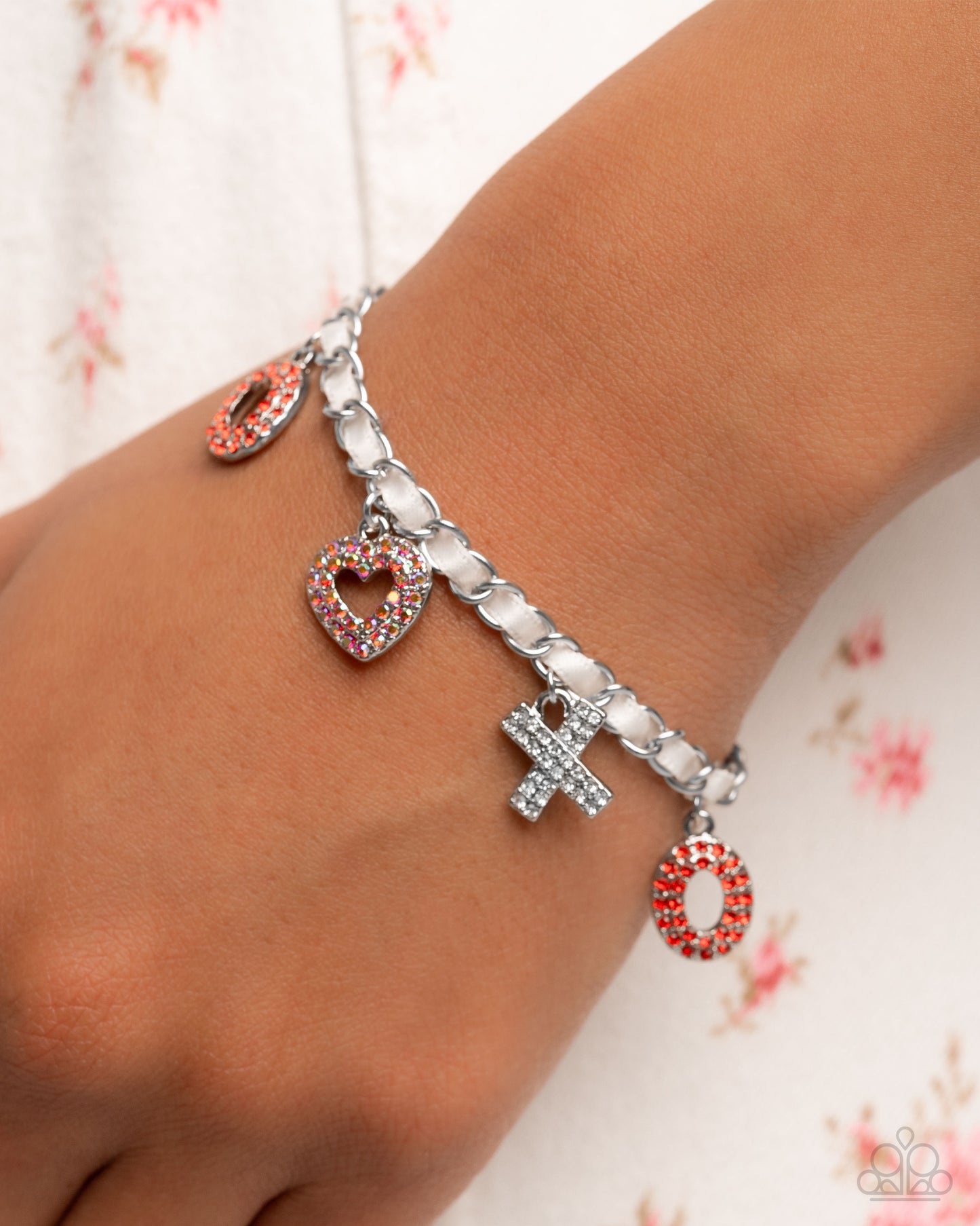 Complete Look - Red & White Rhinestone "XOXO" Silver Earrings & Clasp Bracelet - Paparazzi Accessories