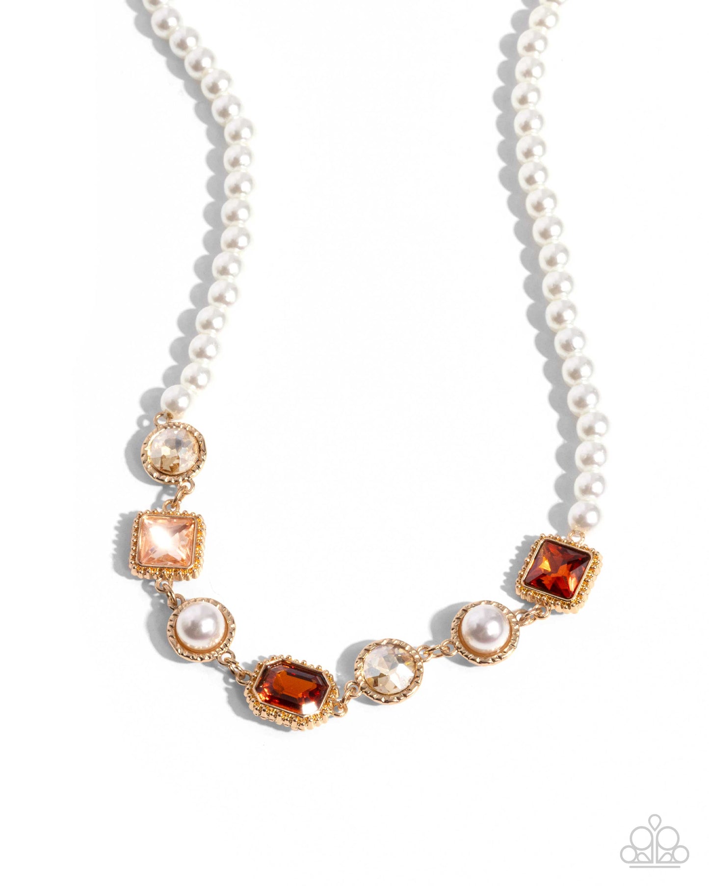 Brown Rhinestones & White Pearls Necklace & Clasp Bracelet - Complete Look - Paparazzi Accessories