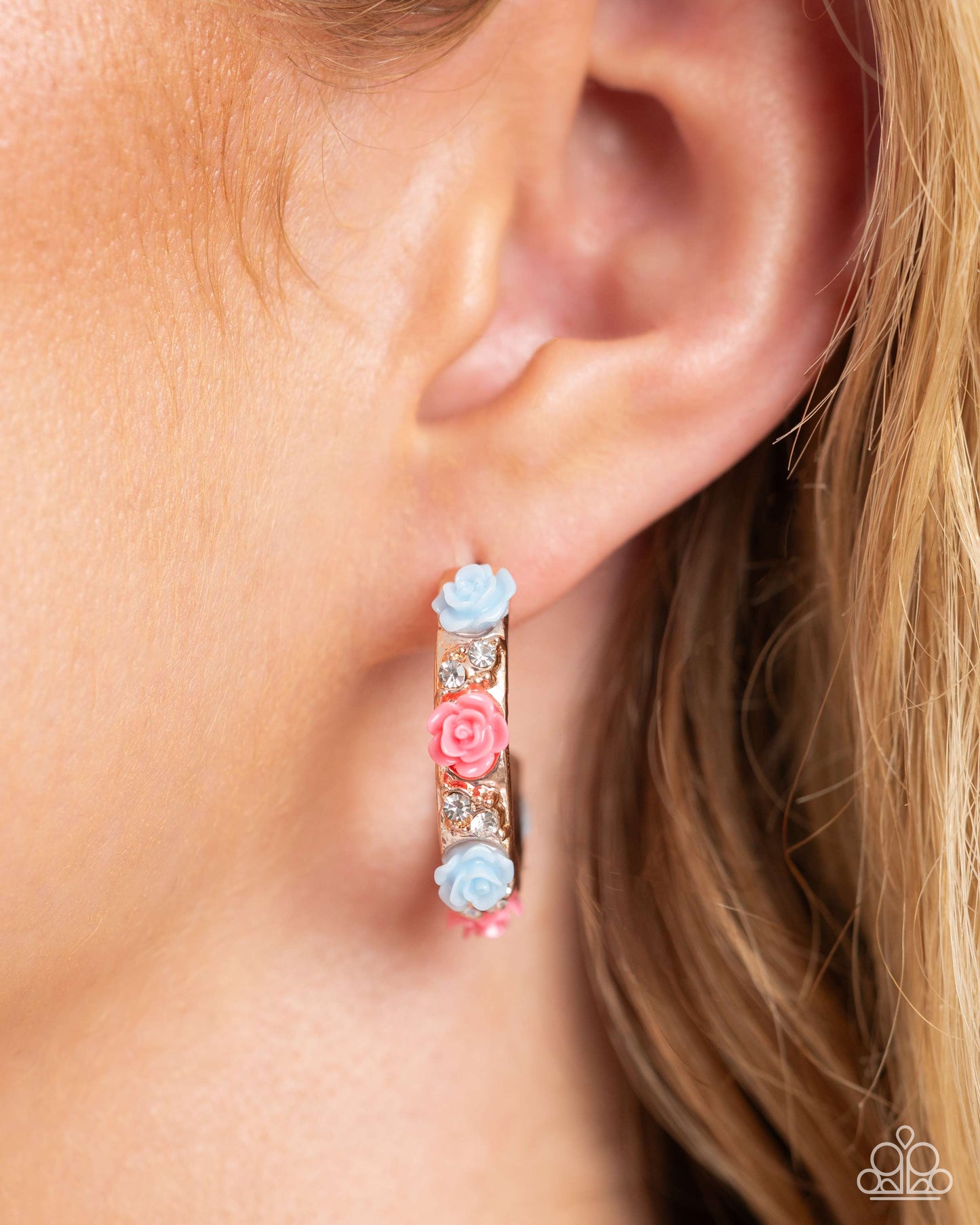 Complete Look - Rose Gold Earrings & Clasp Bracelet with Pink & Blue Acrylic Roses - Paparazzi Accessories