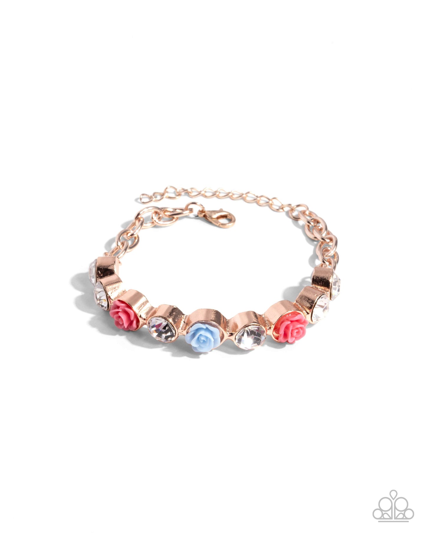 Complete Look - Rose Gold Earrings & Clasp Bracelet with Pink & Blue Acrylic Roses - Paparazzi Accessories