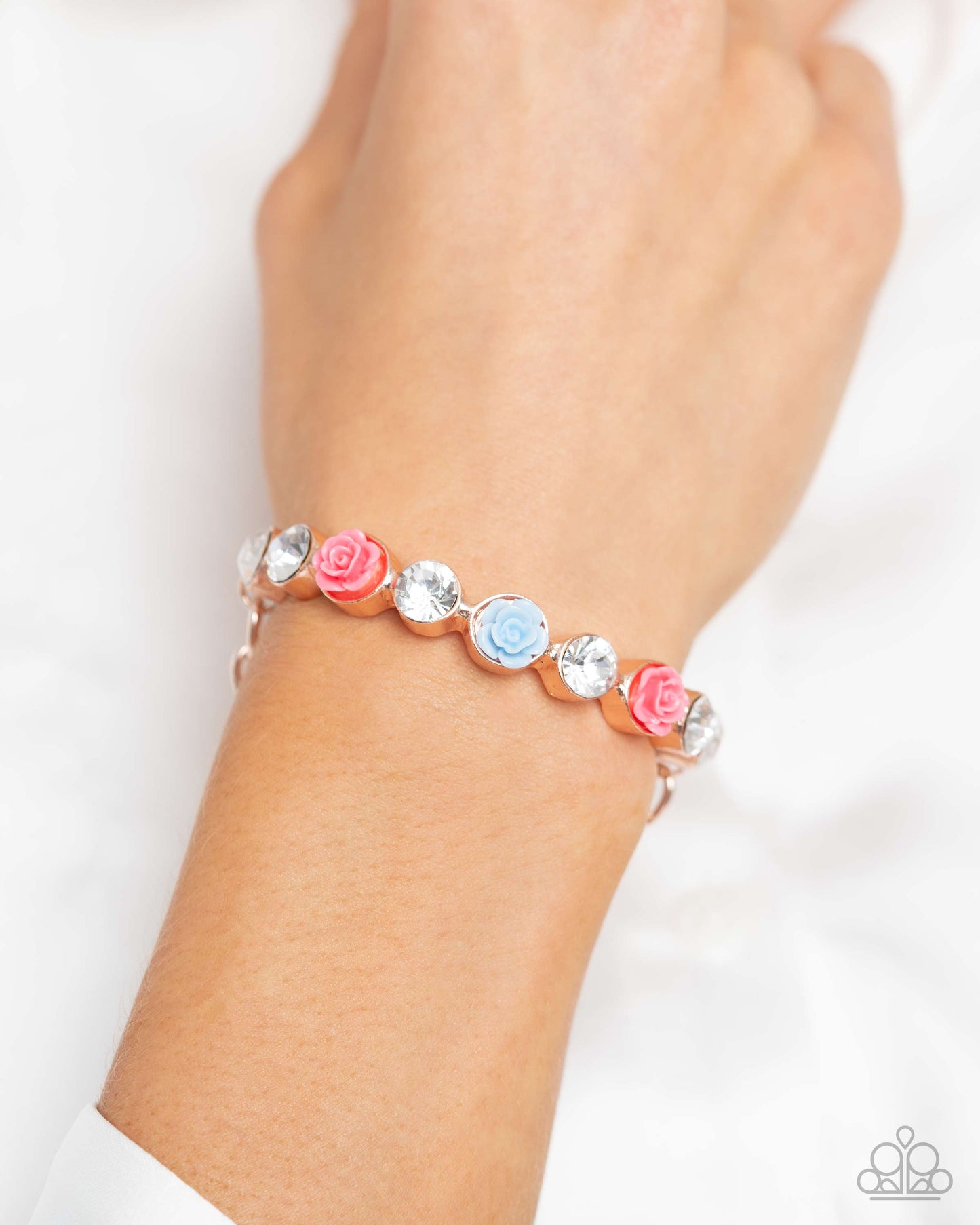 Complete Look - Rose Gold Earrings & Clasp Bracelet with Pink & Blue Acrylic Roses - Paparazzi Accessories