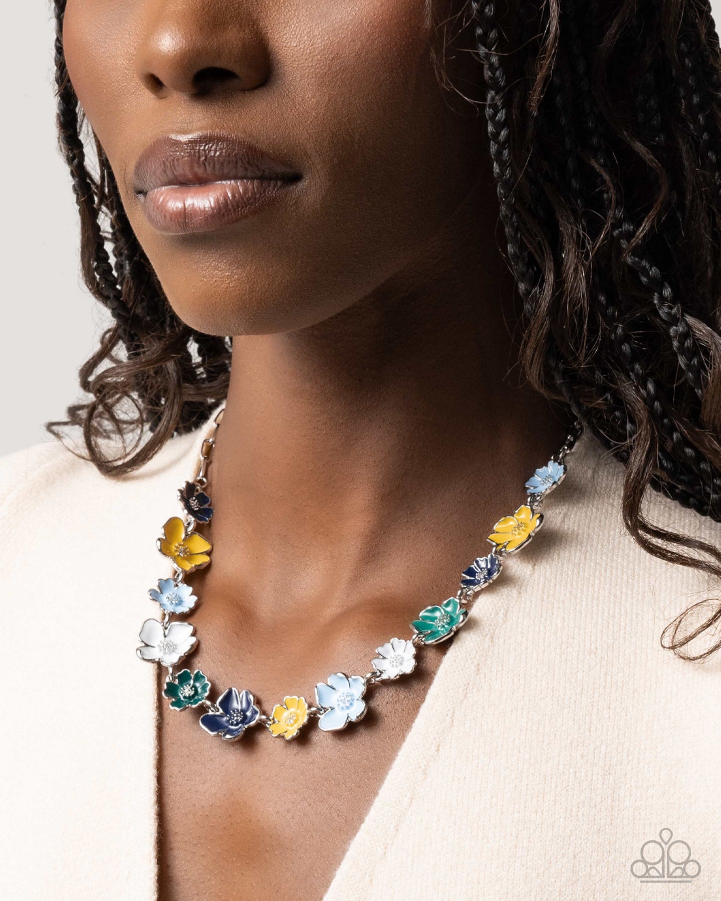 Complete Look - "French Florals - Blue" Necklace & "Candid Color - Blue" Clasp Bracelet - Paparazzi Accessories