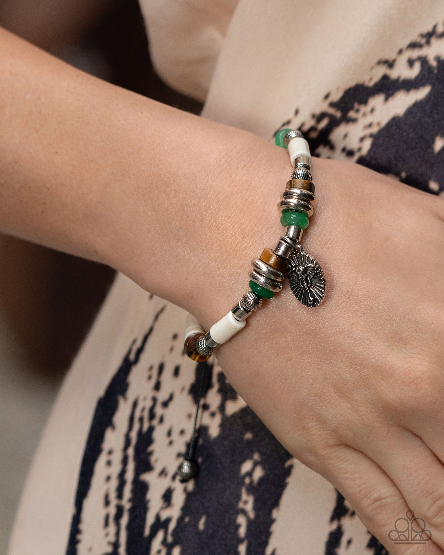 Seasoned Adventurer - Multi Tiger's Eye, White Marblem Green Jade and Silver Slide Bracelet - Paparazzi Accessories