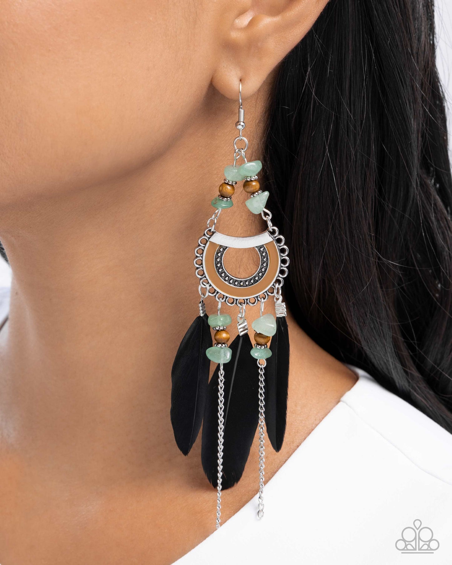 Serene Stage - Green Stone Black Feather Silver Fishhook Earrings - Paparazzi Accessories