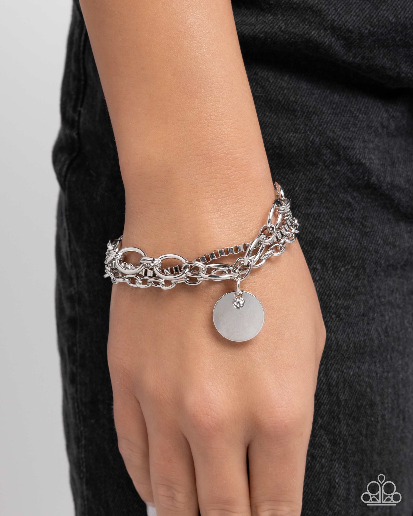 Coined Confidence - White Rhinestone Silver Charm Clasp Bracelet - Paparazzi Accessories