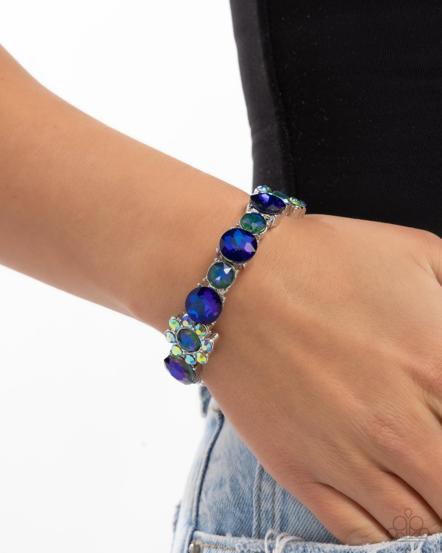 Floral Find - Green Iridescent & UV Rhinestone Silver Stretchy Bracelet - Paparazzi Accessories