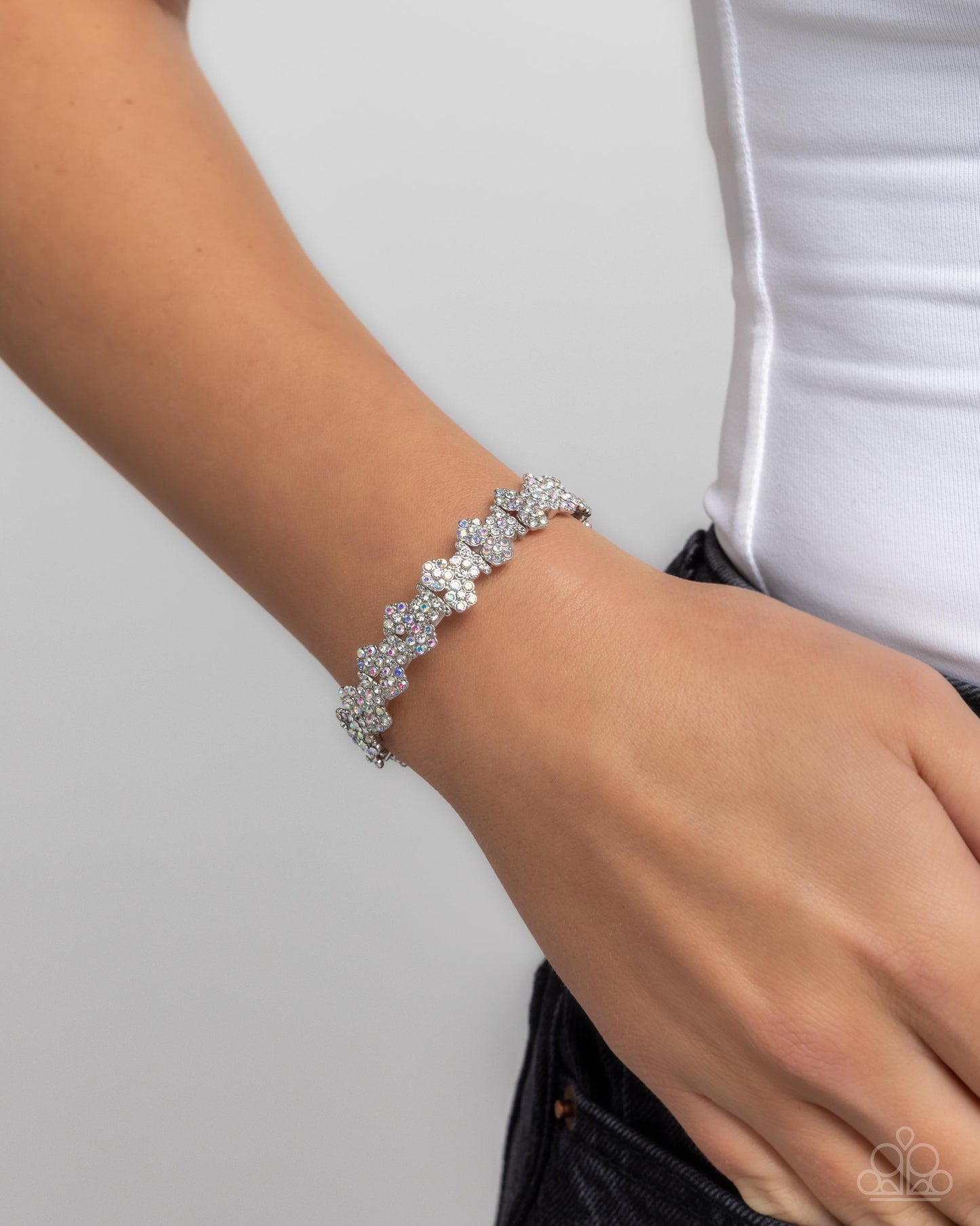 FLOWER Hungry - White Rhinestone Silver Stretchy Bracelet - Paparazzi Accessories