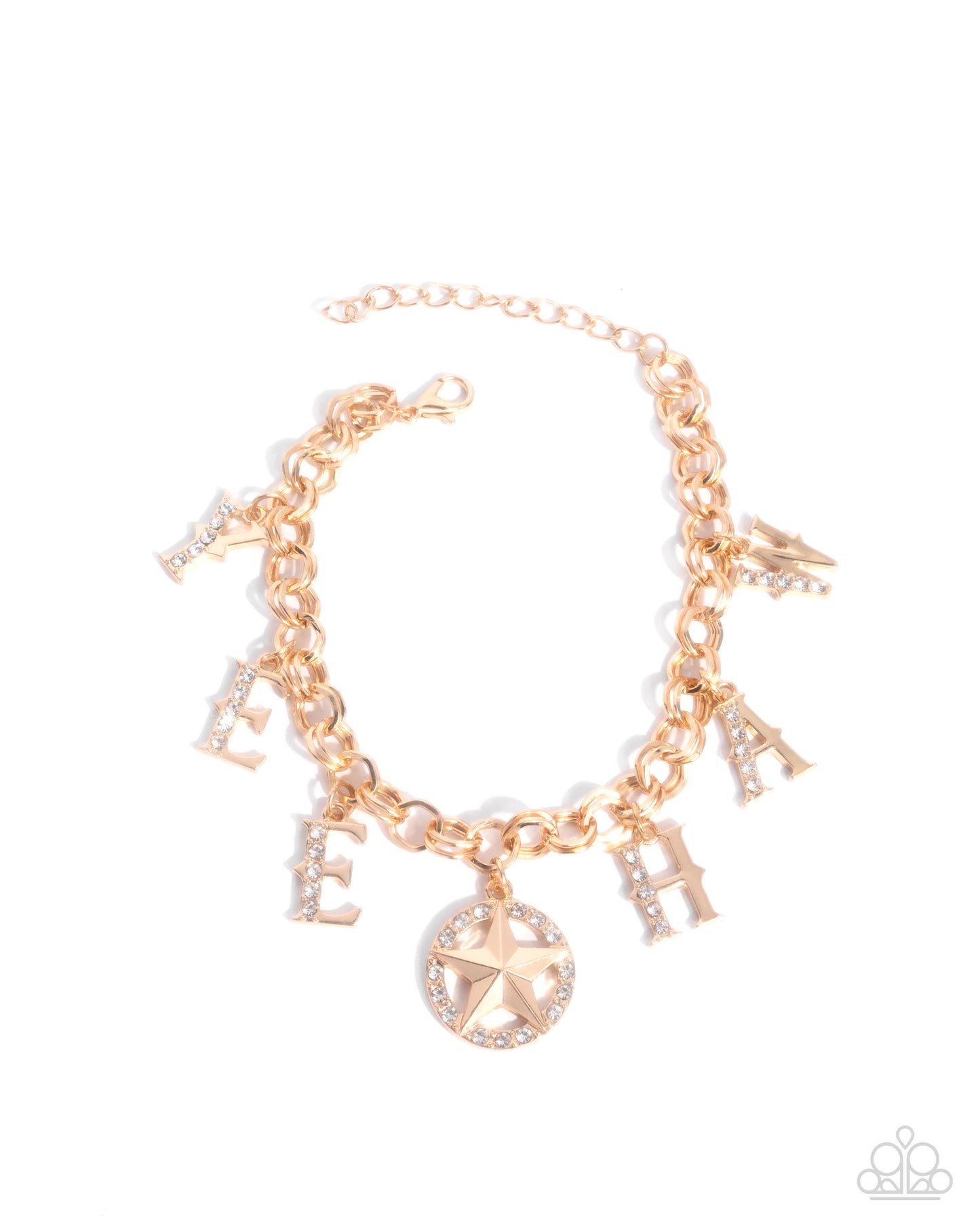 Yeehaw Yell - Gold & White Rhinestone Clasp Charm Bracelet - Paparazzi Accessories