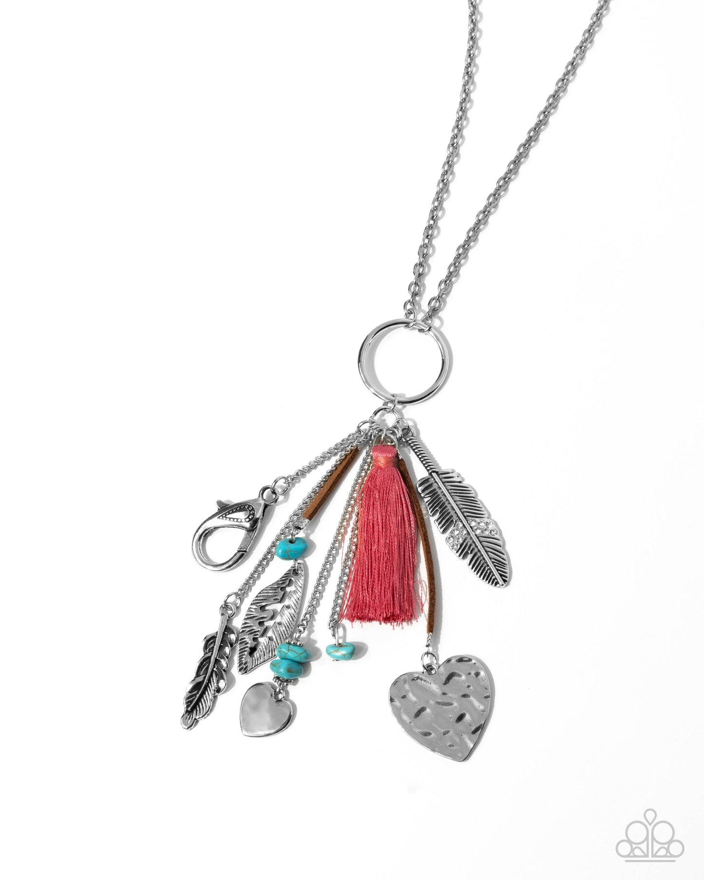 Open-Minded Opulence - Pink Tassel Turquoise Crackle Stone Silver Charm Lanyard - Paparazzi Accessories