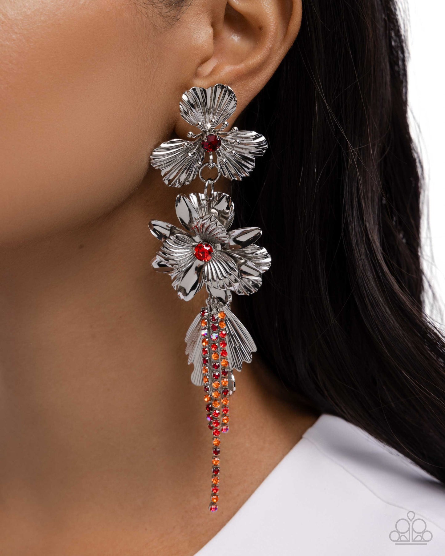 Classical Cadenza - Red Rhinestone Silver Flower Post Earrings - Paparazzi Accessories