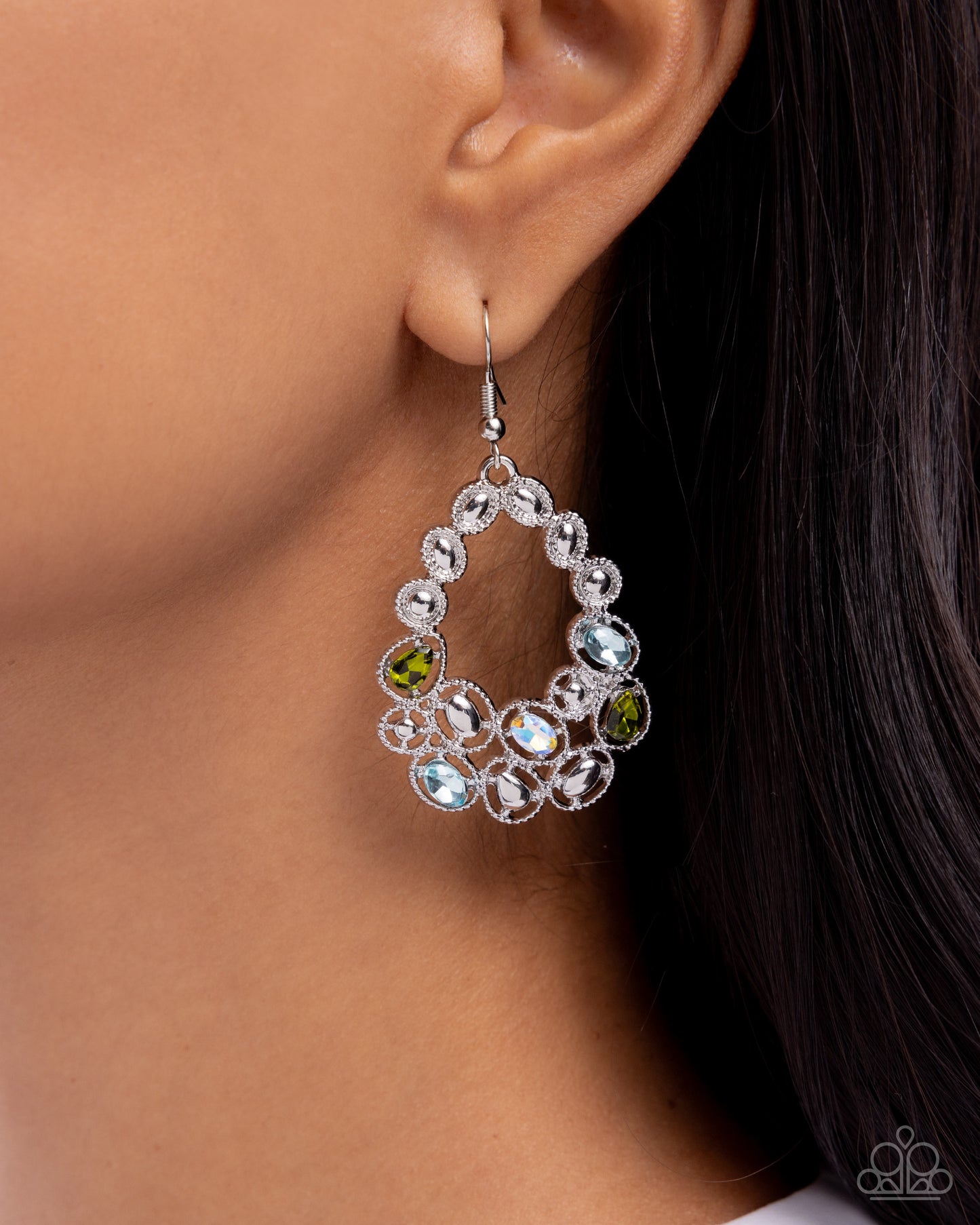 Prismatic Principal - Green Iridescent Rhinestone Silver Teardrop Fishhook Earrings - Paparazzi Accessories