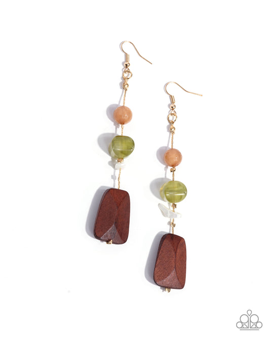 Creative Collection - Green Bead Brown Wood Gold Fishhook Earrings - Paparazzi Accessories