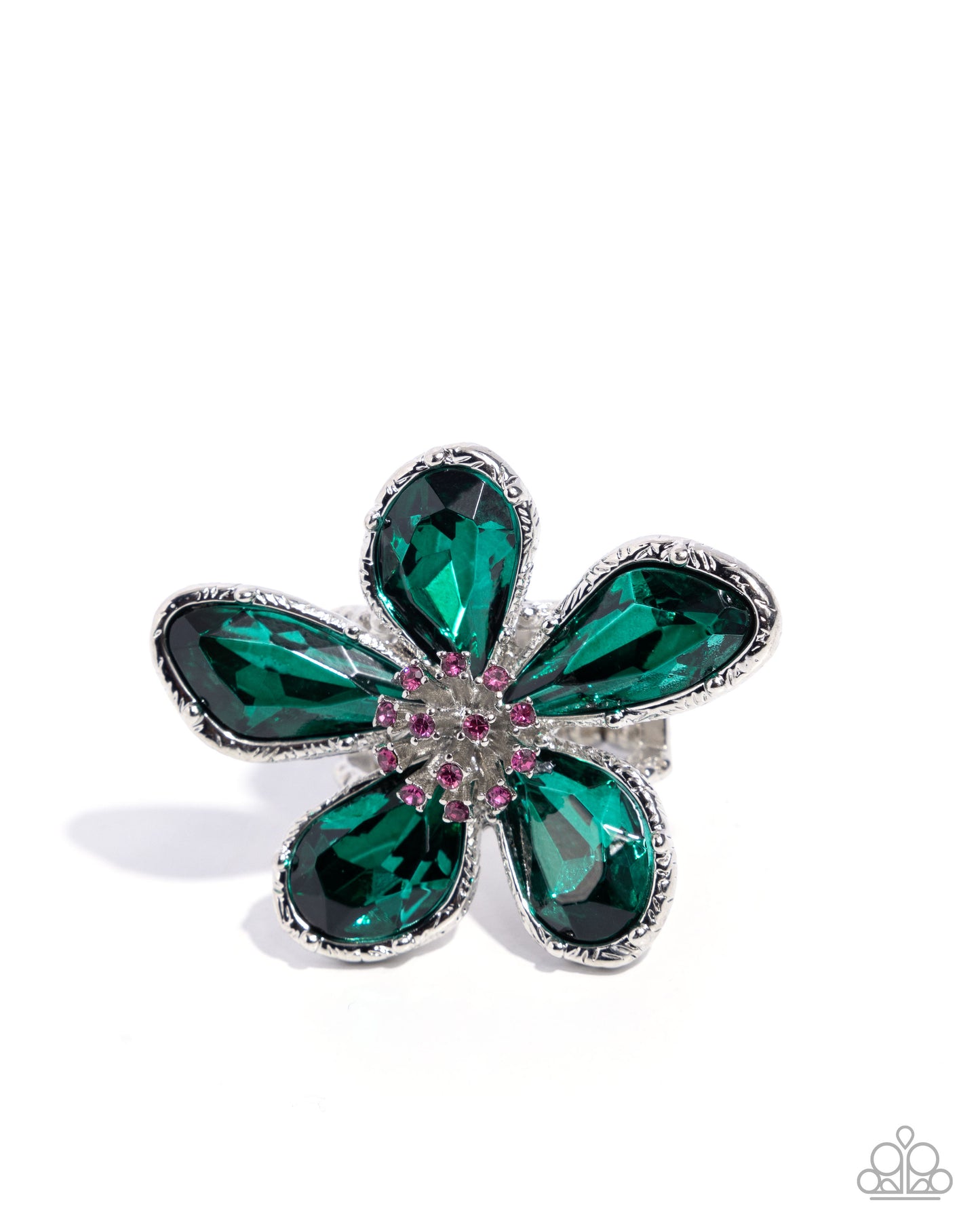 Daily Drama - Green Gem Flower Silver Ring - Paparazzi Accessories