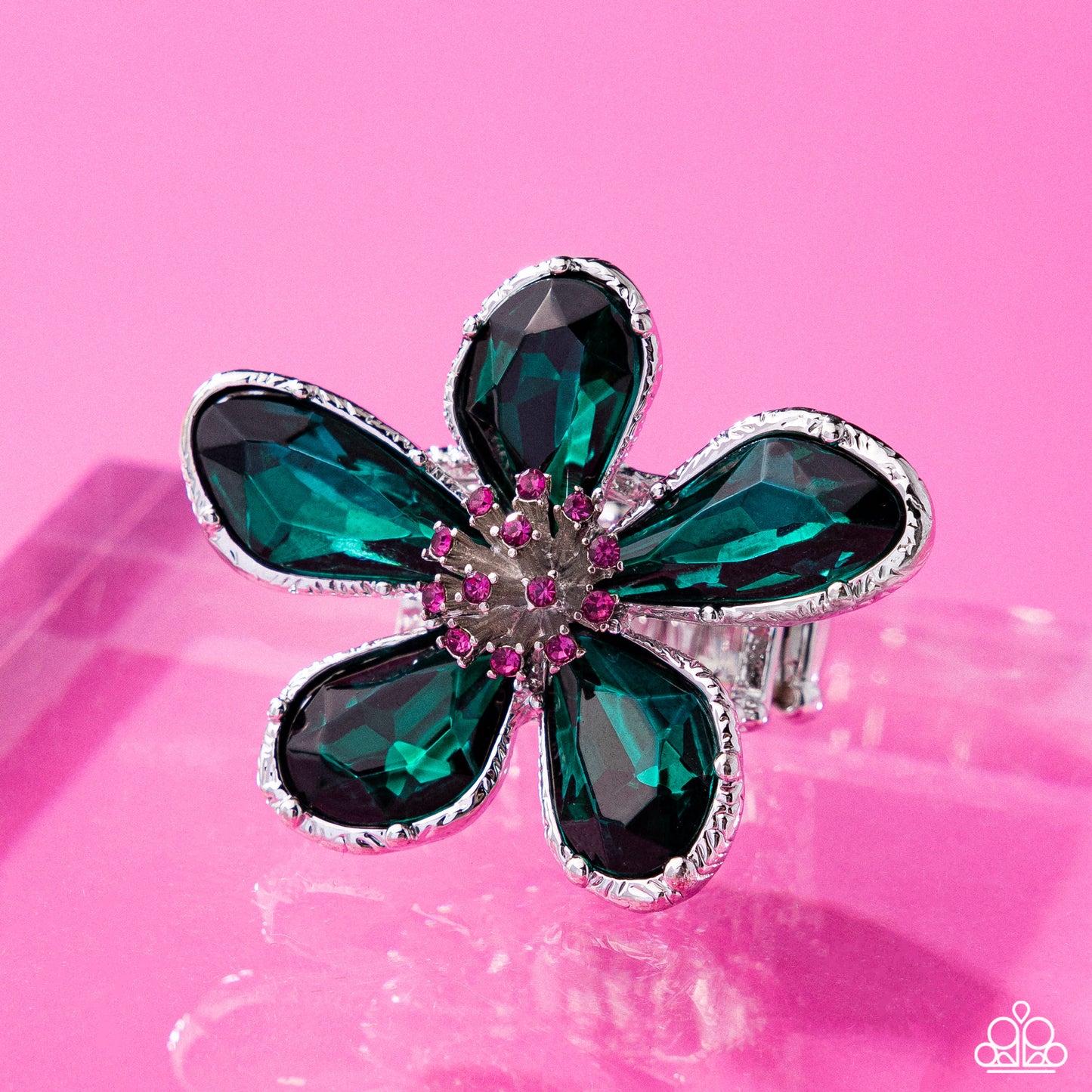 Daily Drama - Green Gem Flower Silver Ring - Paparazzi Accessories