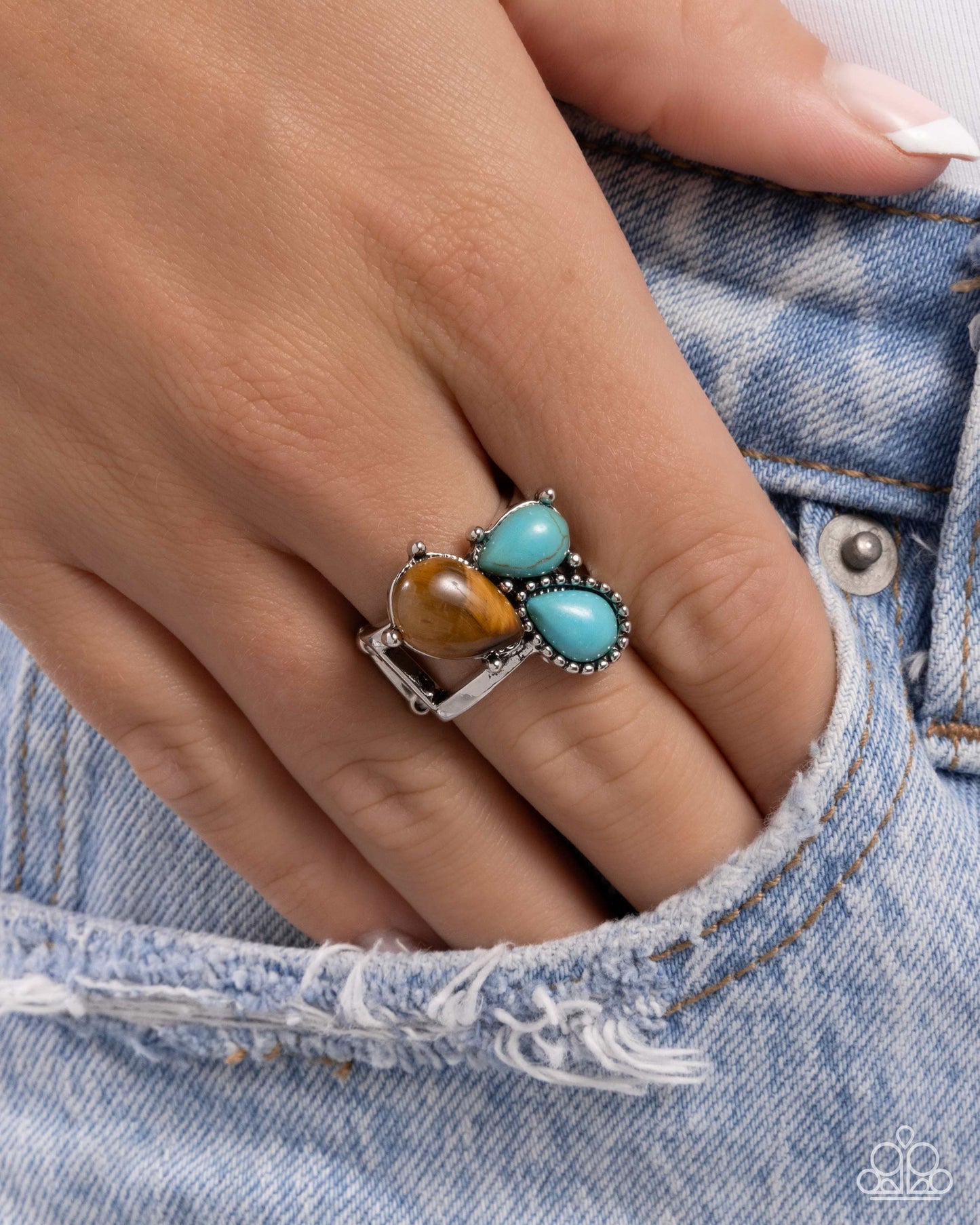 Themed Trio - Brown Tiger's Eye & Turquoise Stone Silver Ring - Paparazzi Accessories