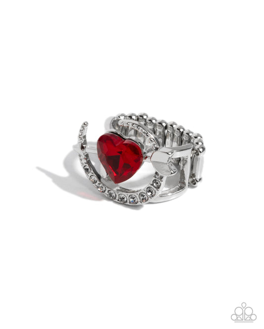 Cupid COUPLE - Red Rhinestone Heart Silver Ring - Paparazzi Accessories