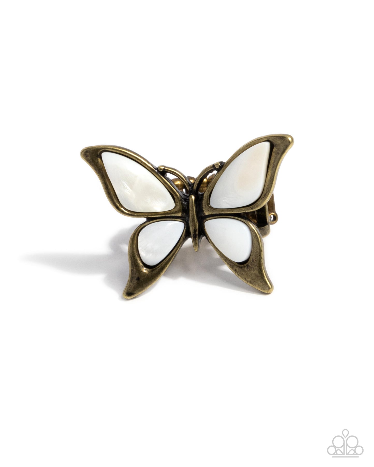 Suspended Story - Brass White Shell Butterfly Ring - Paparazzi Accessories