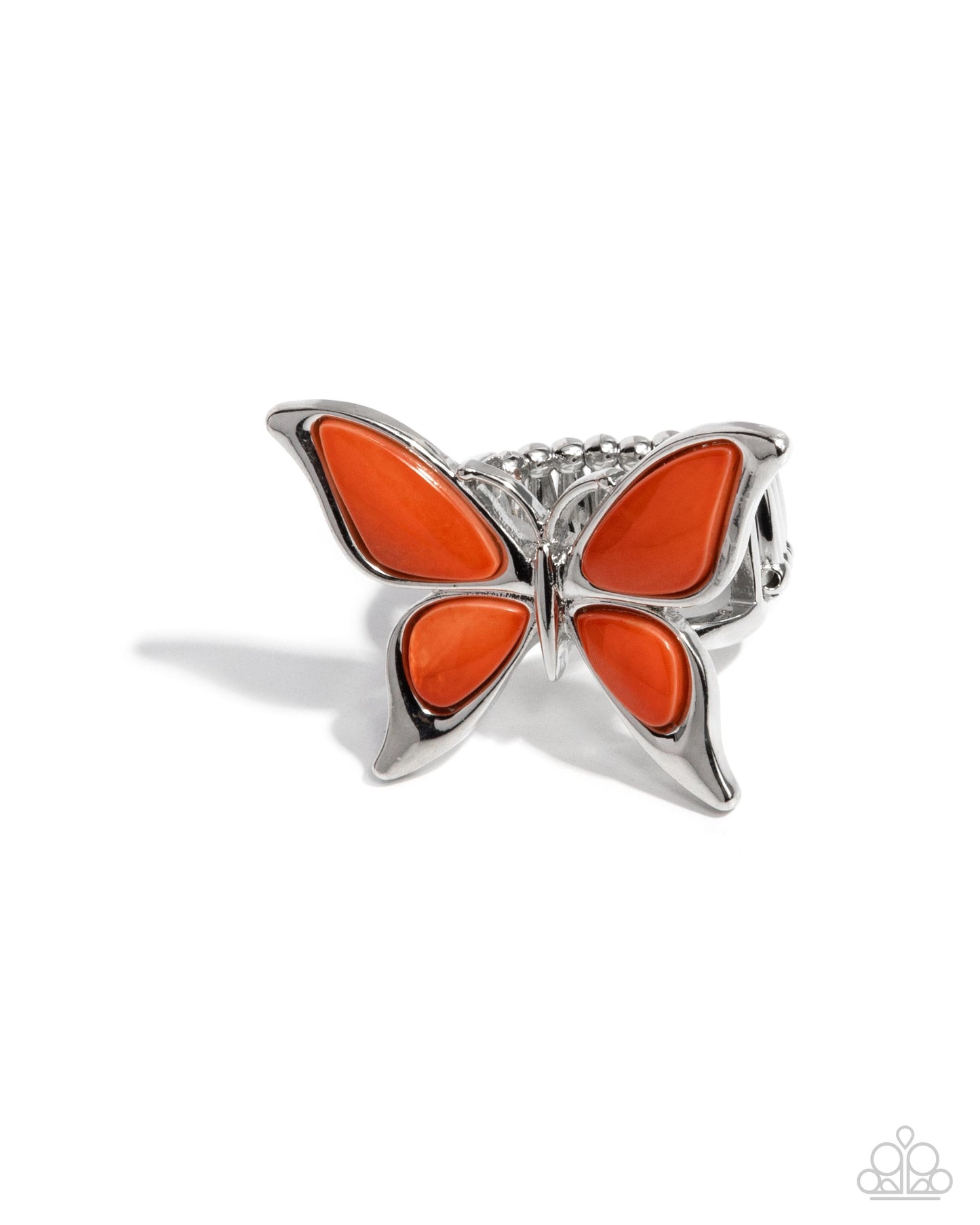 Suspended Story - Orange Shell Silver Butterfly Ring - Paparazzi Accessories